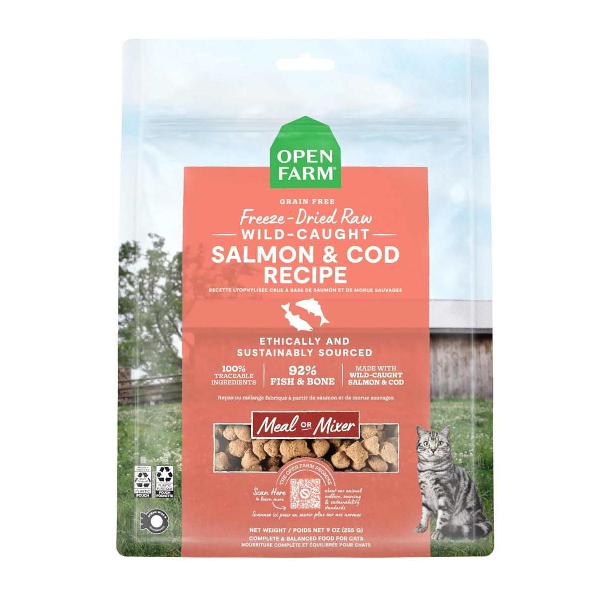 Open Farm: sac 9onces, nourriture lyophilisée saumon et cod, pratique repas rapide.
