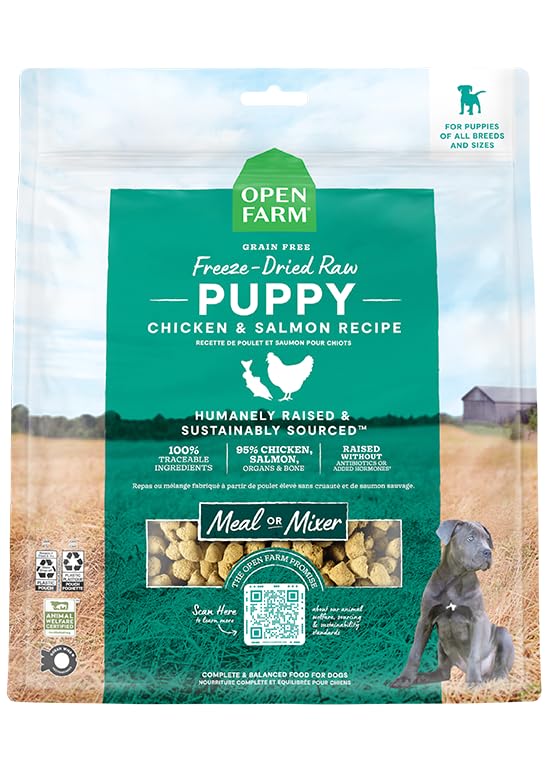 Open Farm chiot – Morceaux lyophilisés poulet et saumon pour énergie quotidienne.