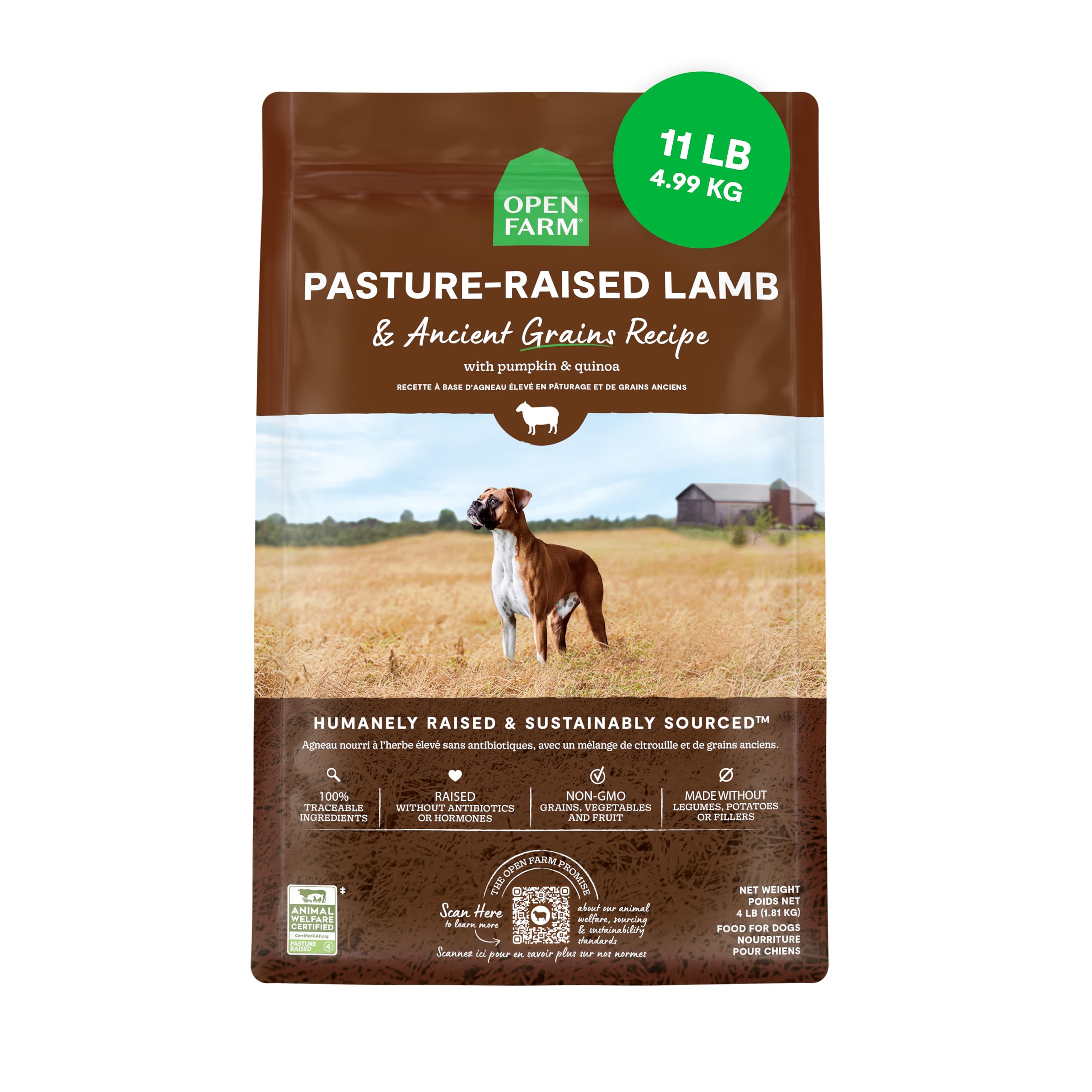 Open Farm croquettes à l'agneau et pâturage, riches en protéines pour chiens actifs.