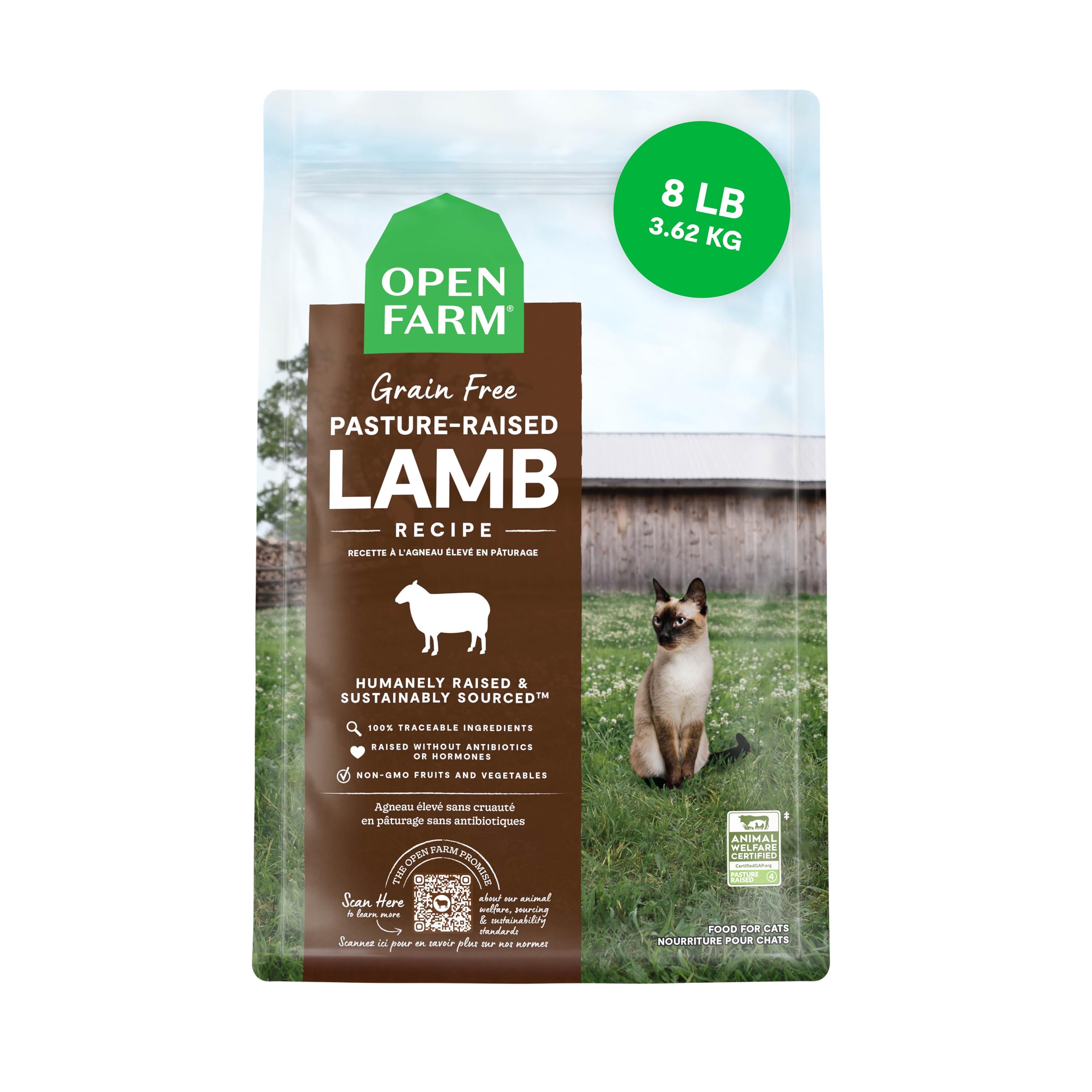 Open Farm croquettes chat sans céréales – sac 8 lb pratique pour les repas quotidiens.