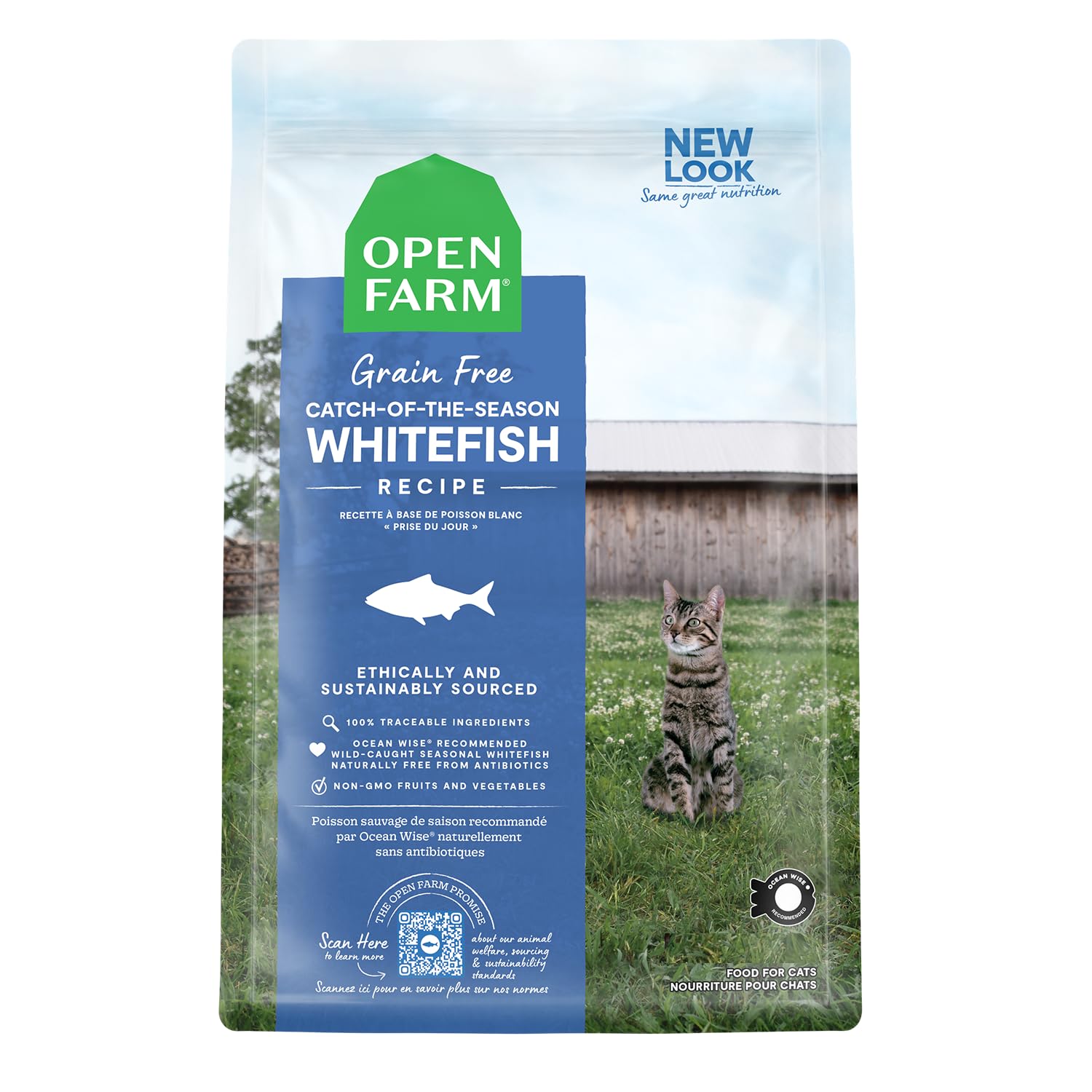Open Farm croquettes chat sans cereales poisson blanc de saison, nourrissantes et riches en protéines.