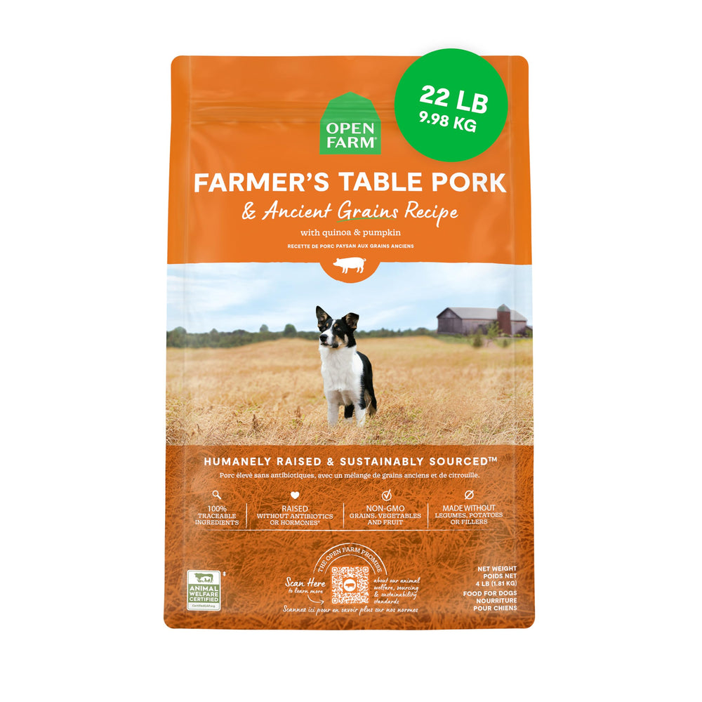 Open Farm croquettes chien, grains anciens et protéines élevées pour une alimentation équilibrée.