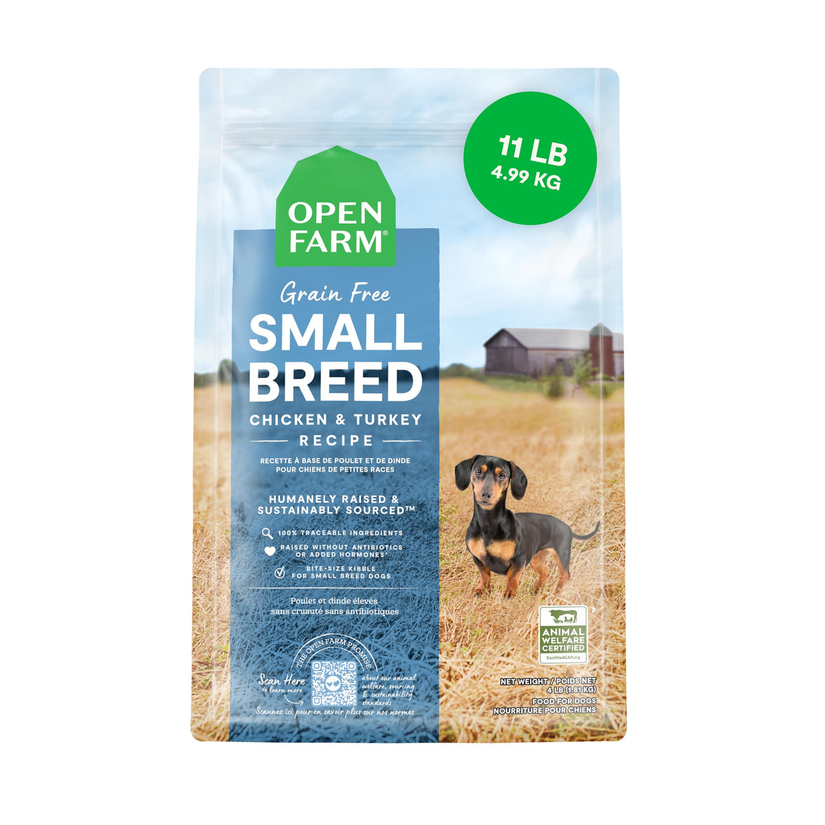 Open Farm croquettes sans céréales pour petits chiens, emballage pratique et dosage précis.