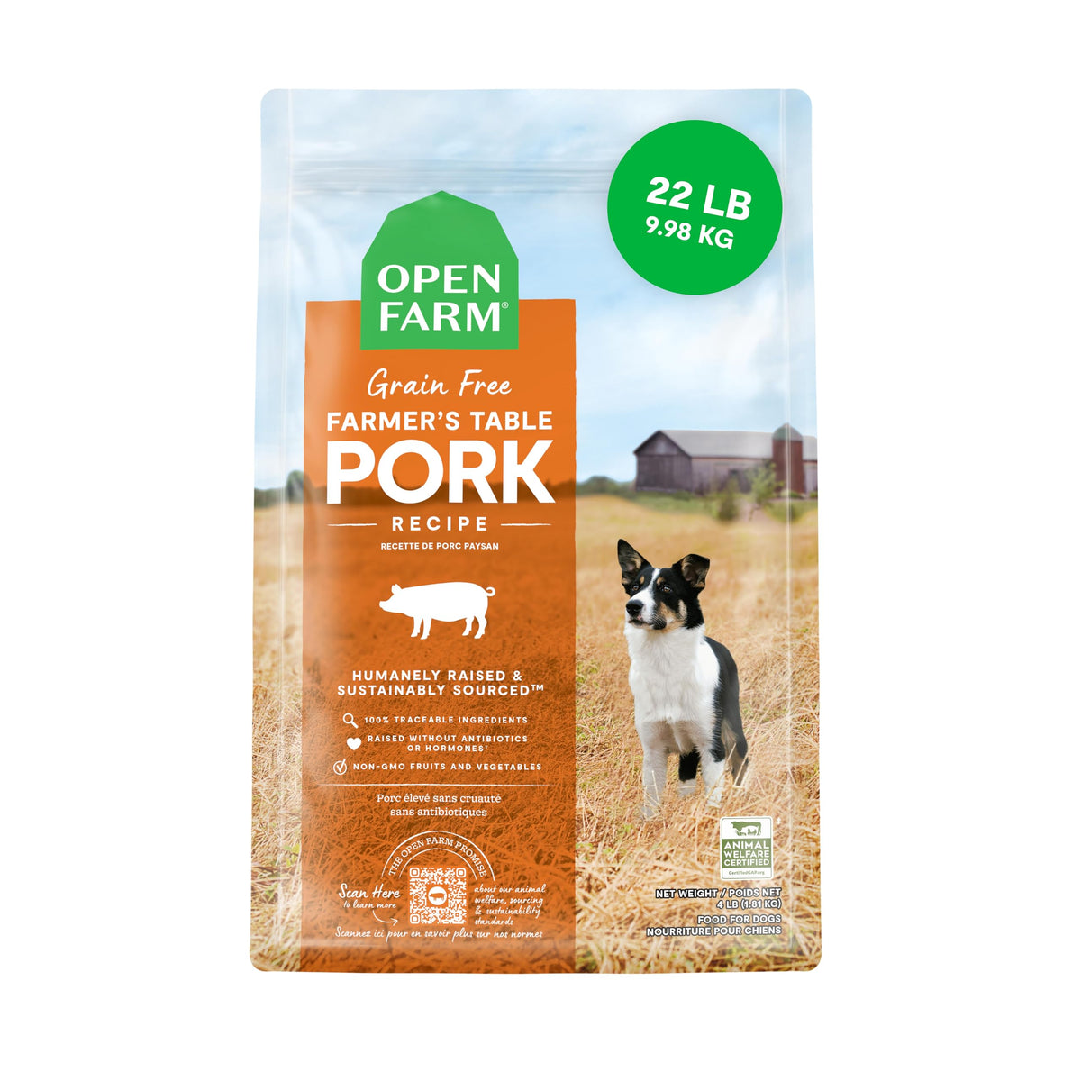Open Farm croquettes sans grain au porc dans un sac 22 lb, pratique et facile à stocker.