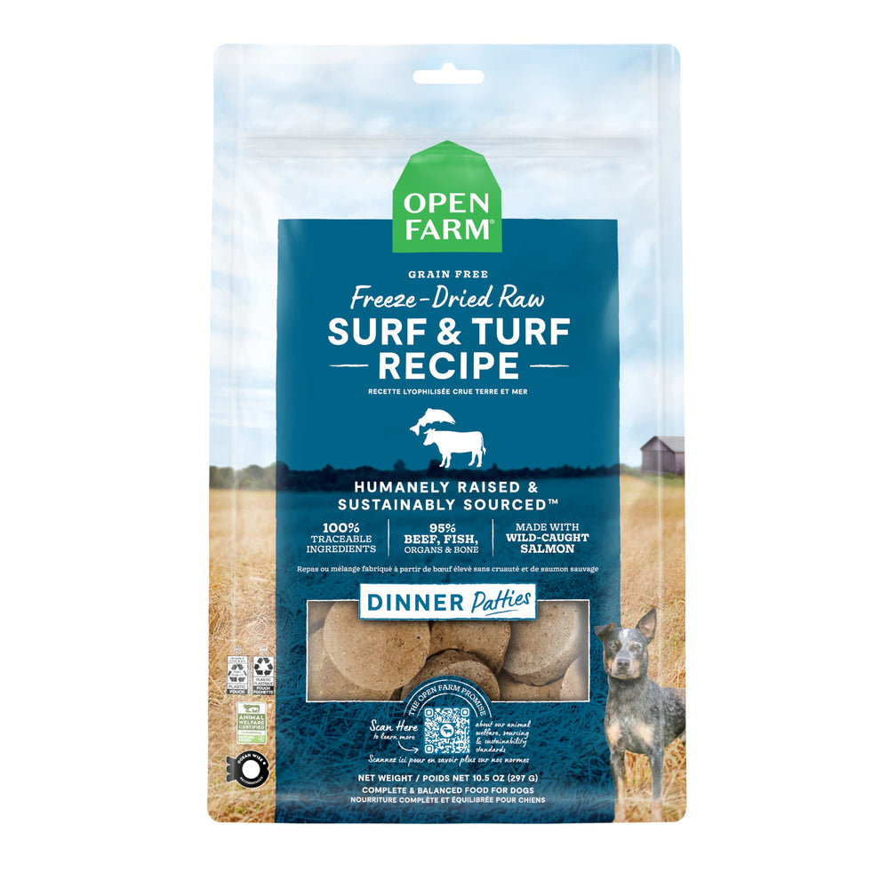 Open Farm galette 95% viande organes os, goût riche et nourrissant.