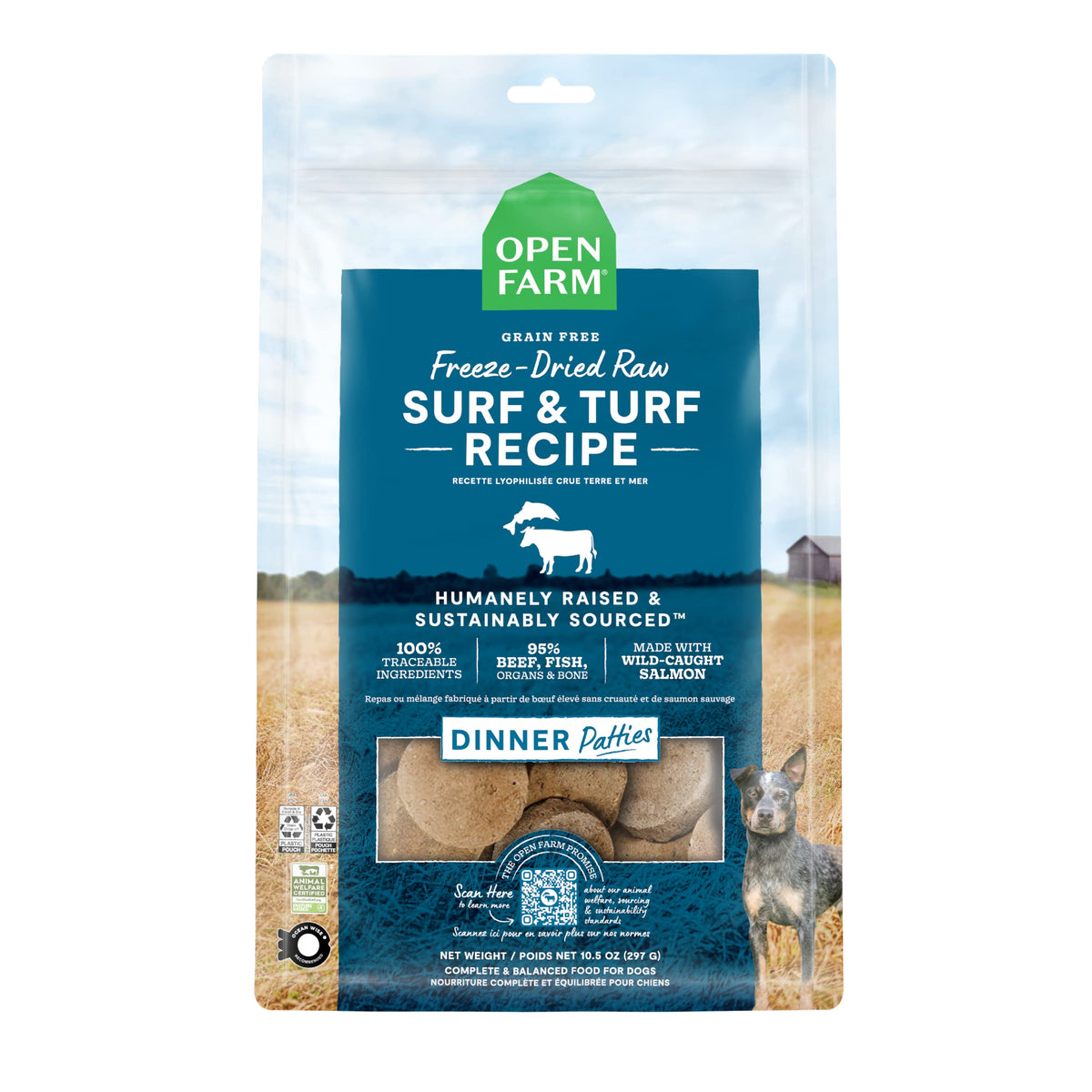 Open Farm galette 95% viande organes os, goût riche et nourrissant.