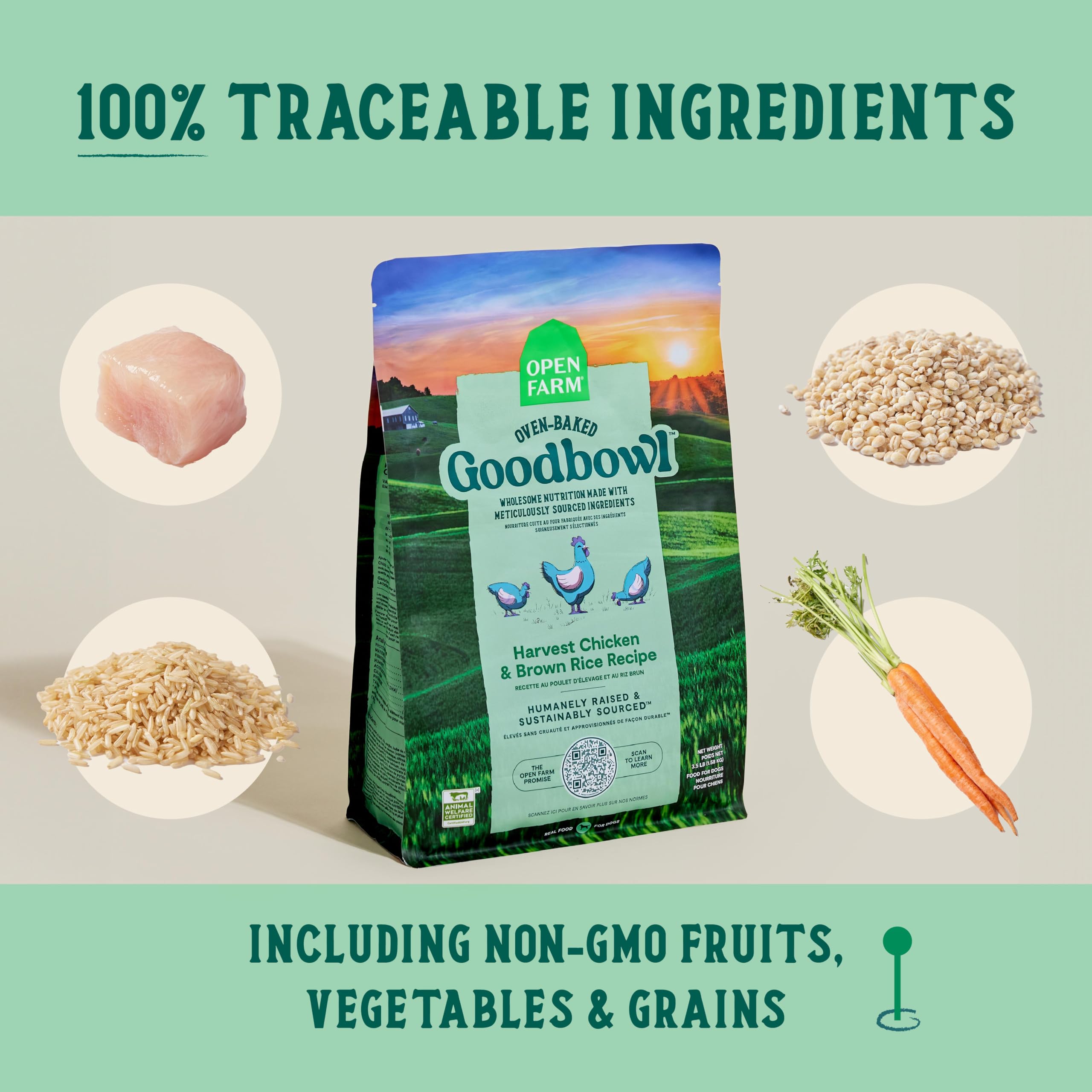 Ingrédients non-OGM et céréales dans Open Farm Goodbowl.