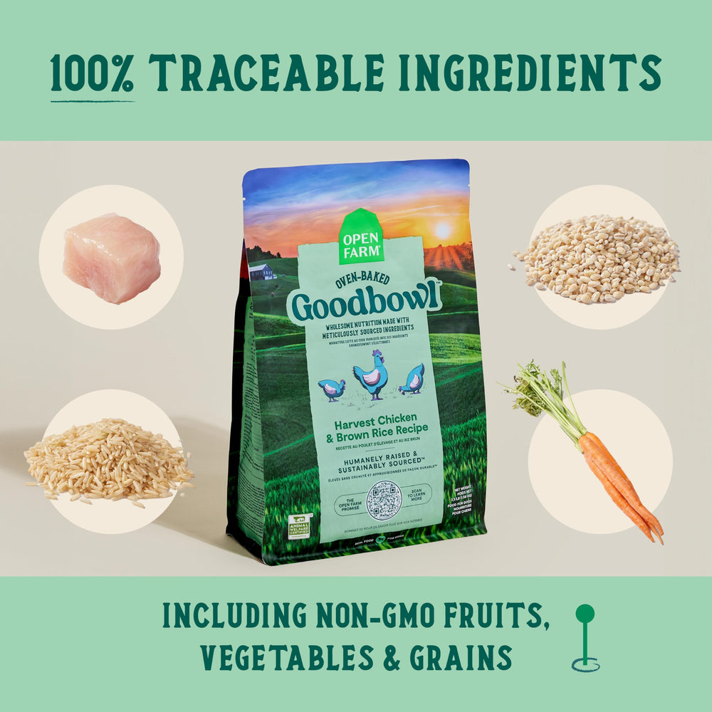 Ingrédients non-OGM et céréales dans Open Farm Goodbowl.