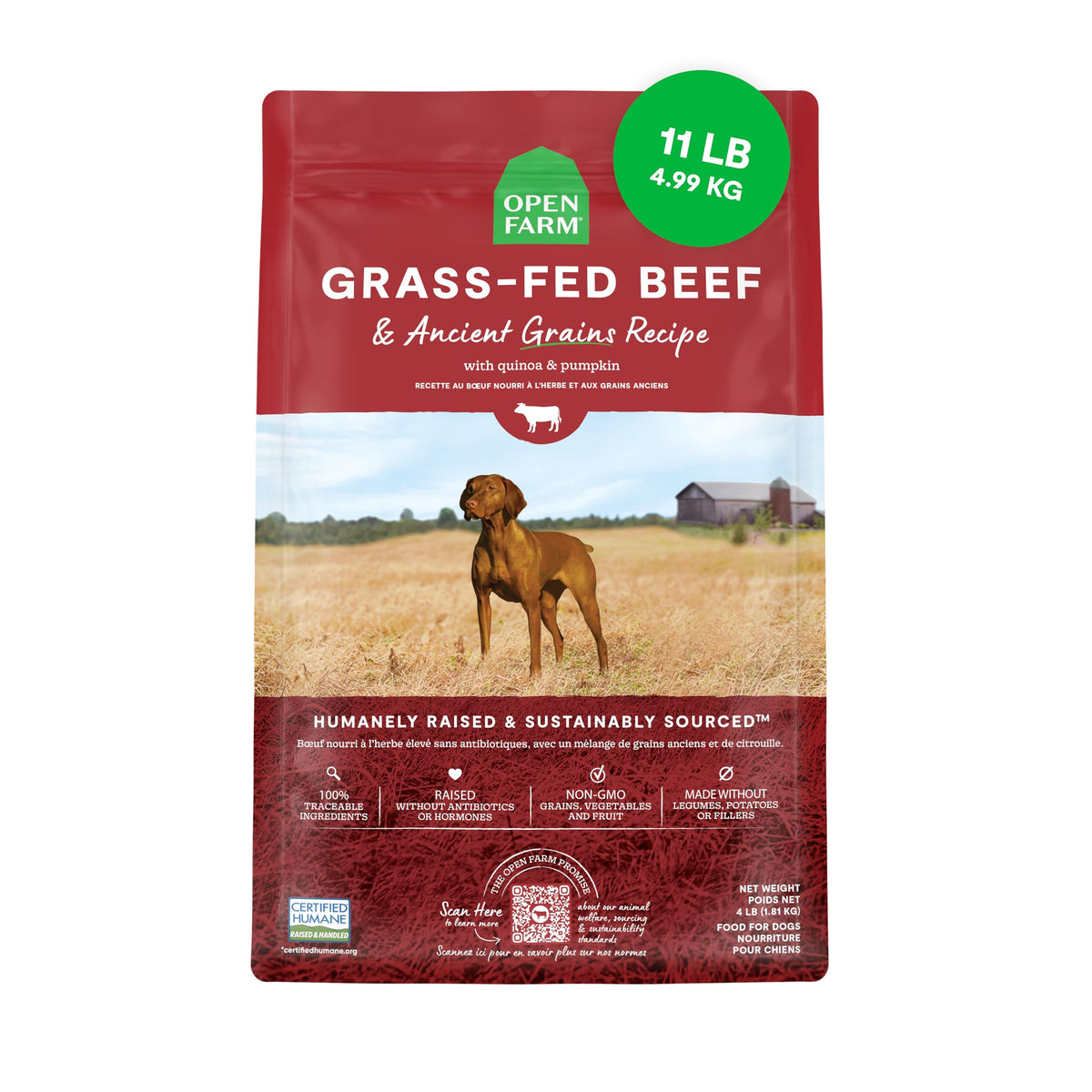 Open Farm-grains-anciens-ingrédients: protéines et fibres naturelles pour chiens actifs.