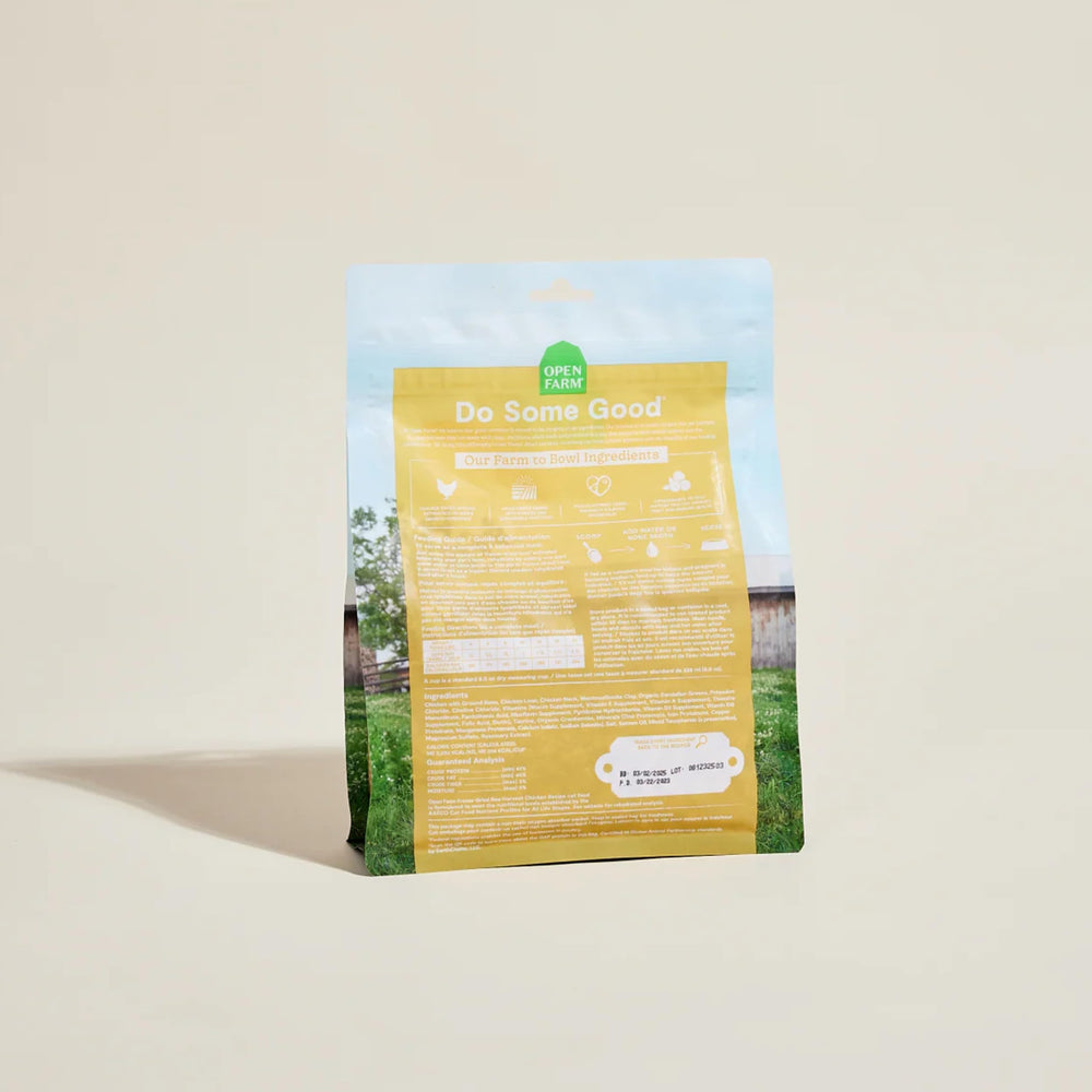 Open Farm Harvest texture lyophilisée préservant saveur et nutriments pour chats gourmets.