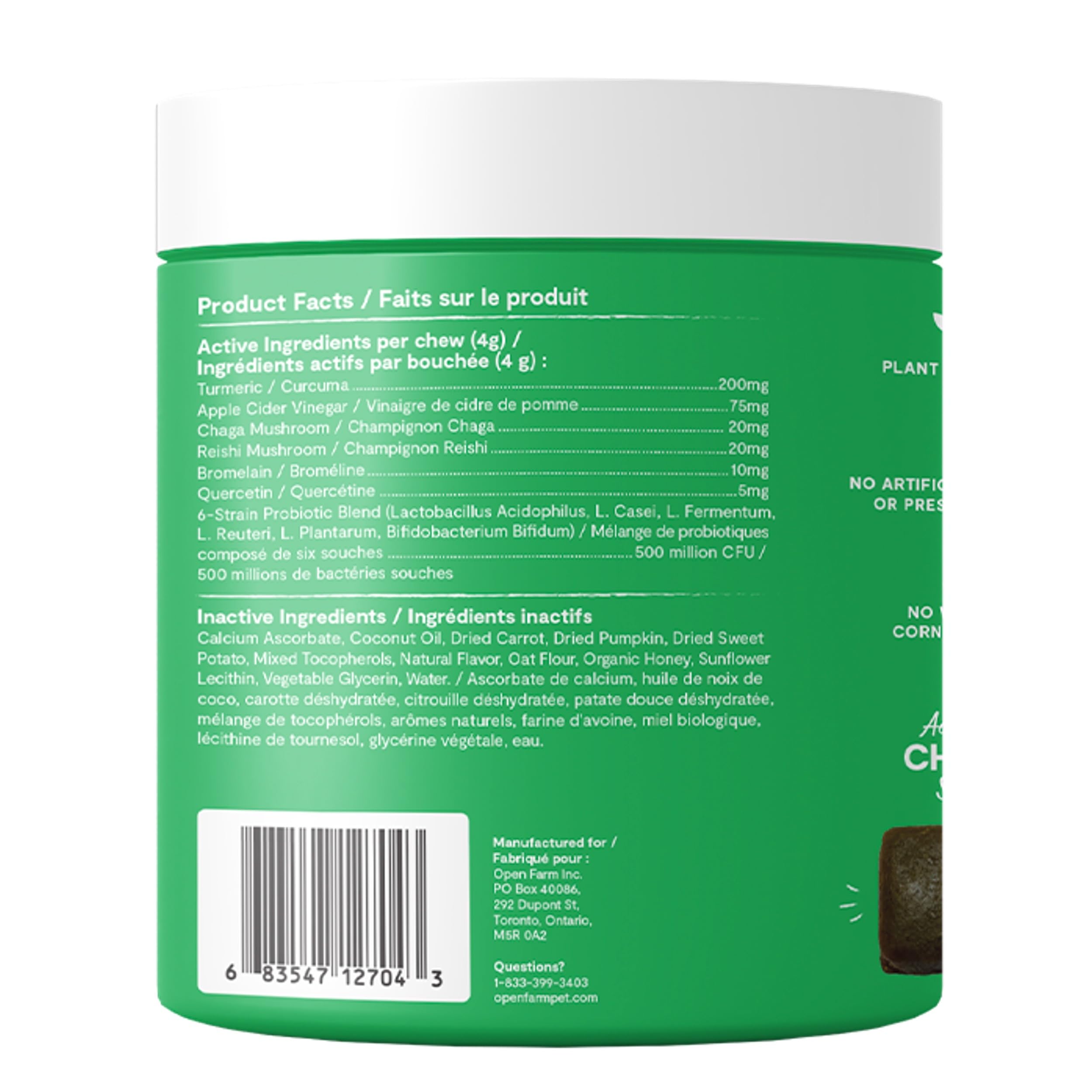 Open Farm Immune Chews: packaging durable et recyclable, choix responsable.