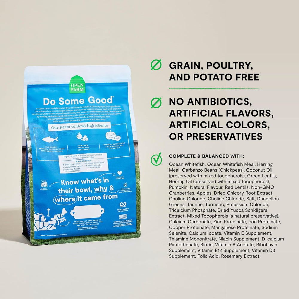 Open Farm ingrédients naturels sans OGM, soutien nutritionnel varié.