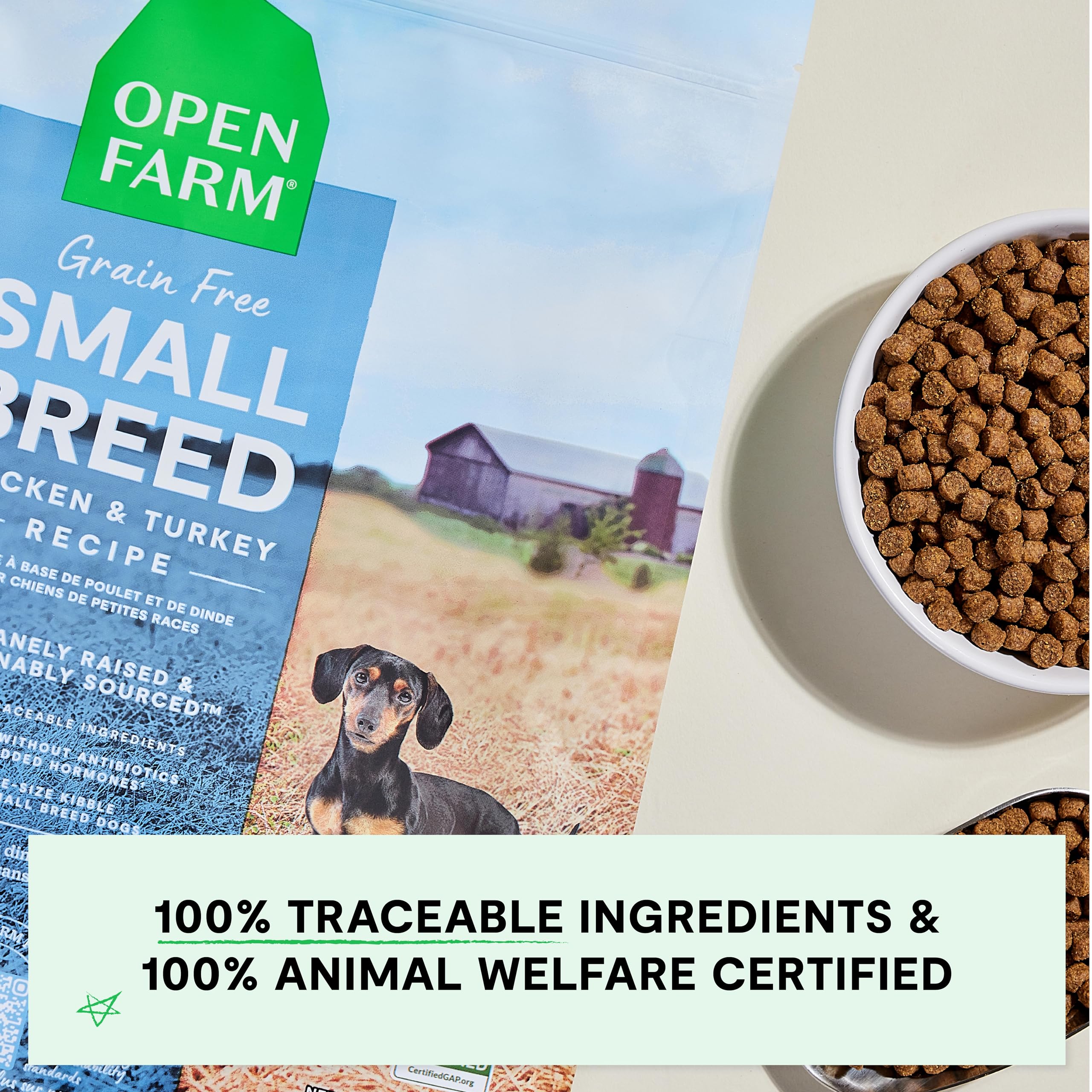 Open Farm ingrédients traçables et éthiques, sans céréales ni additifs artificiels.