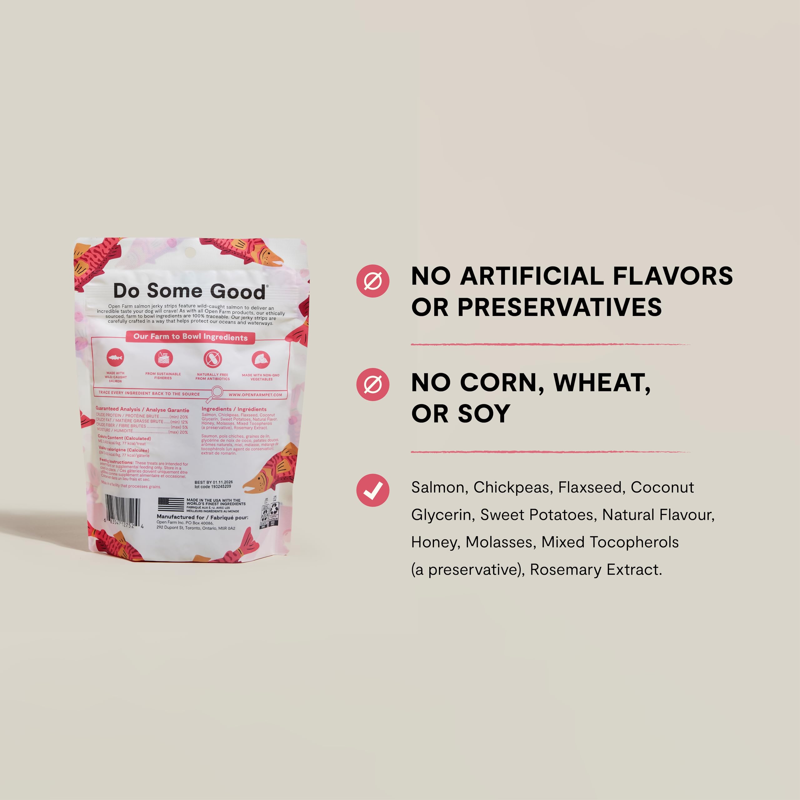 Open Farm jerky cuit au four, goût prononcé et protéines.
