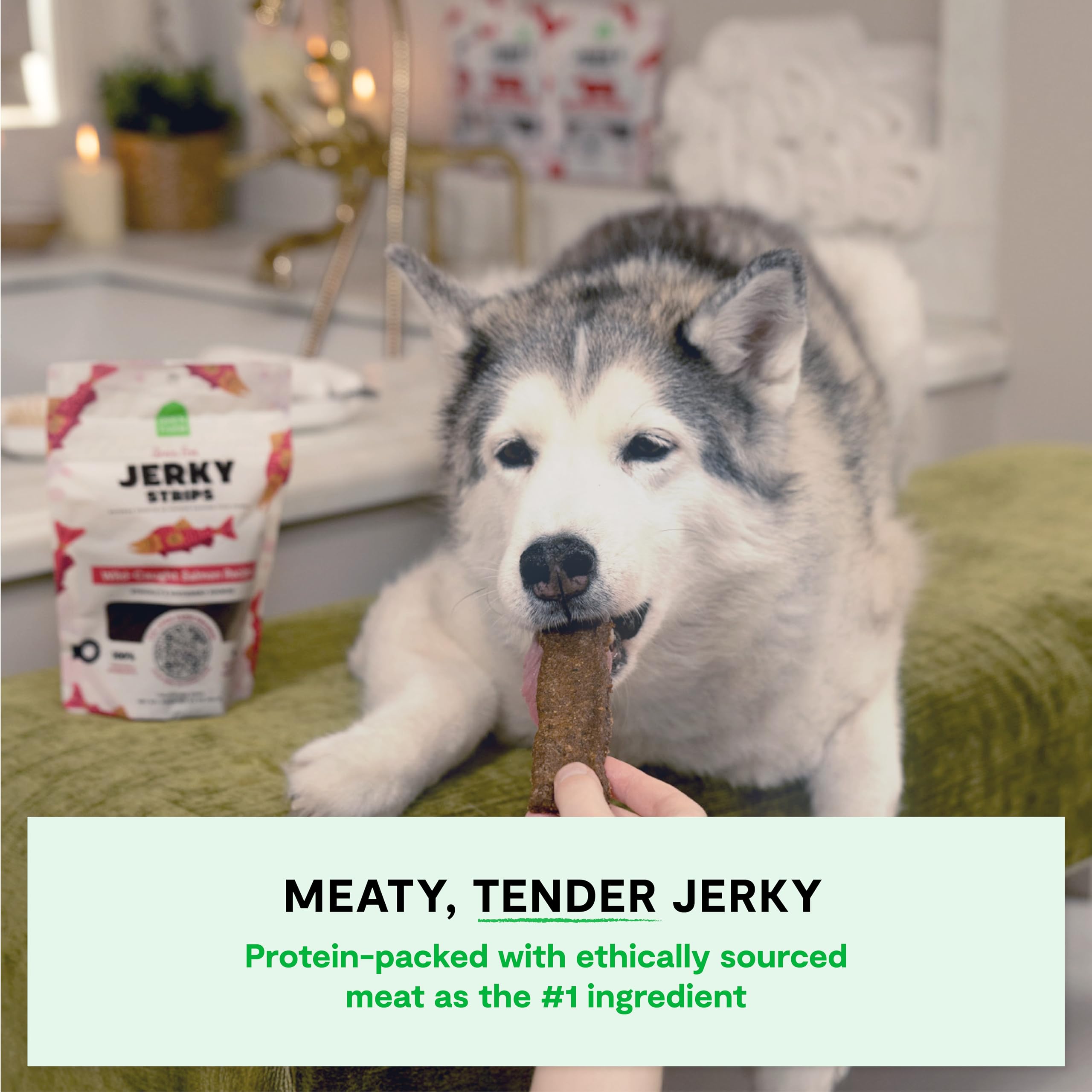 Open Farm jerky tendre et moelleux, parfait pour des collations quotidiennes.