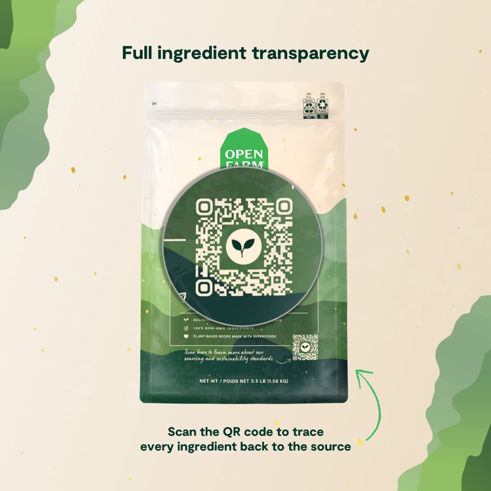 Open Farm Kind Earth emballage recyclable et traçabilité des ingrédients.