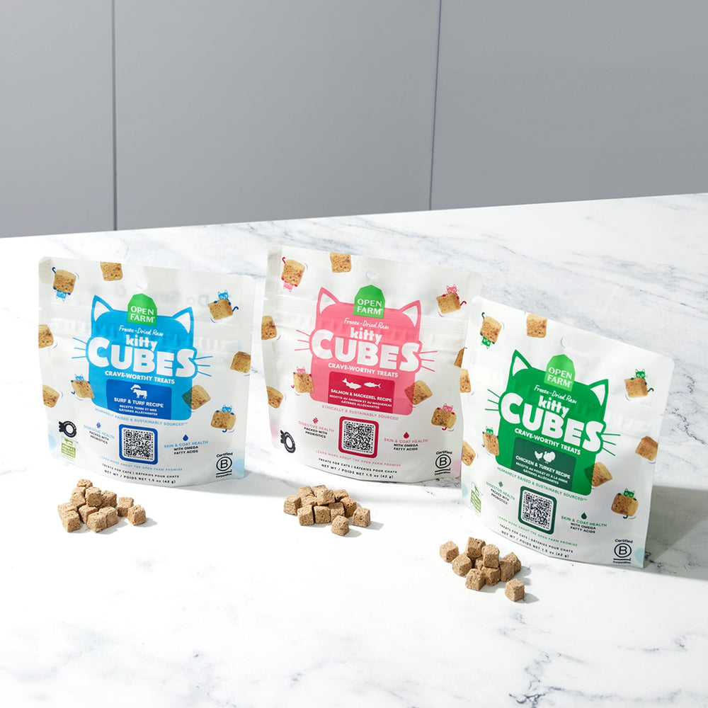 Kitty Cubes Open Farm fabriqué aux États‑Unis avec ingrédients traçables.