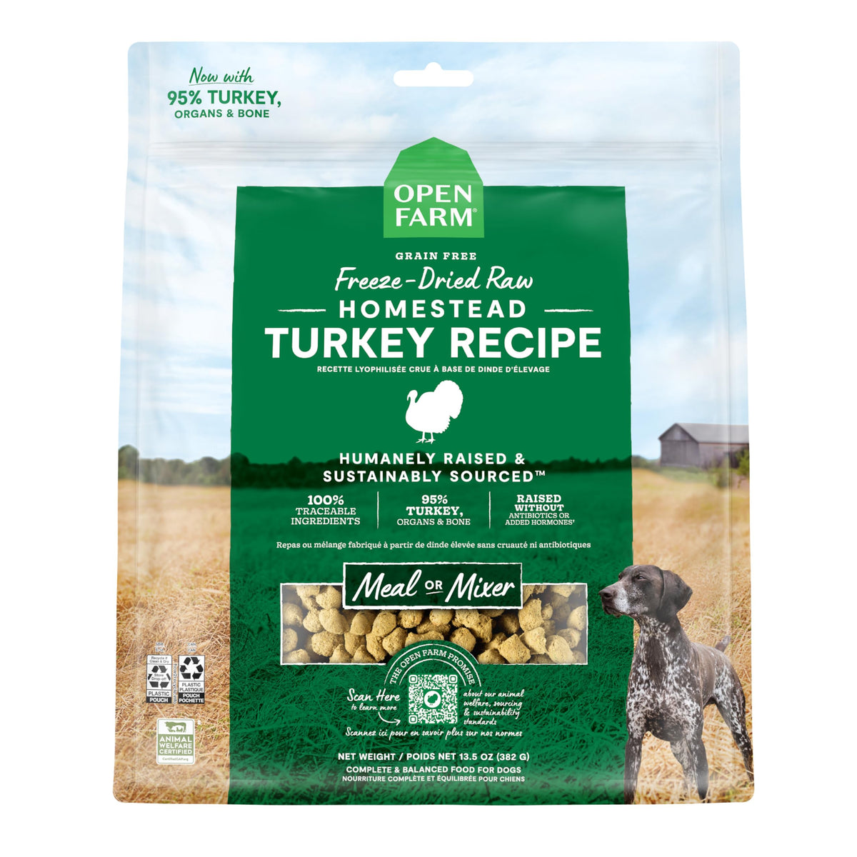 Open Farm Morceaux dinde lyophilisés – protéines élevées pour repas équilibré.