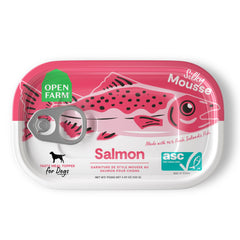 Open Farm mousse soyeuse saumon, boîte prête à être mélangée au plat.