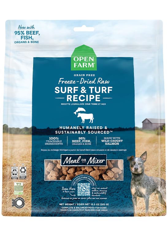 Open Farm emballage et étiquette montrant un sachet pratique et frais.