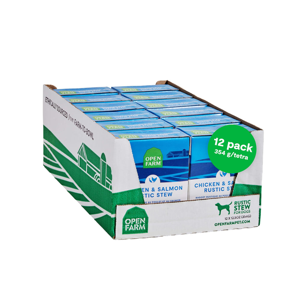 Open Farm Ragouts Rustiques emballage montrant le pack de 12 repas pratiques pour chien.