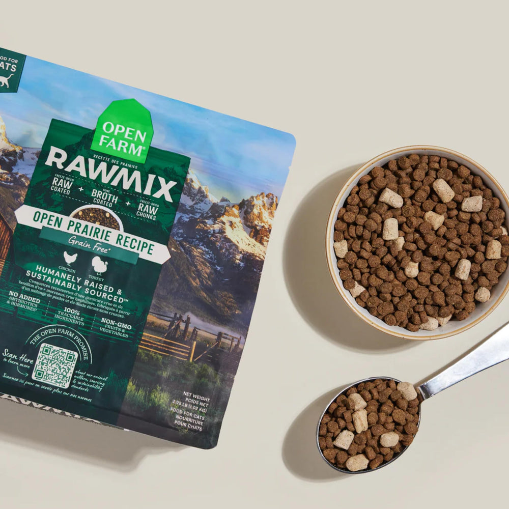 Open Farm RawMix chat – sans céréales, alimentation adaptée et riche en protéines.