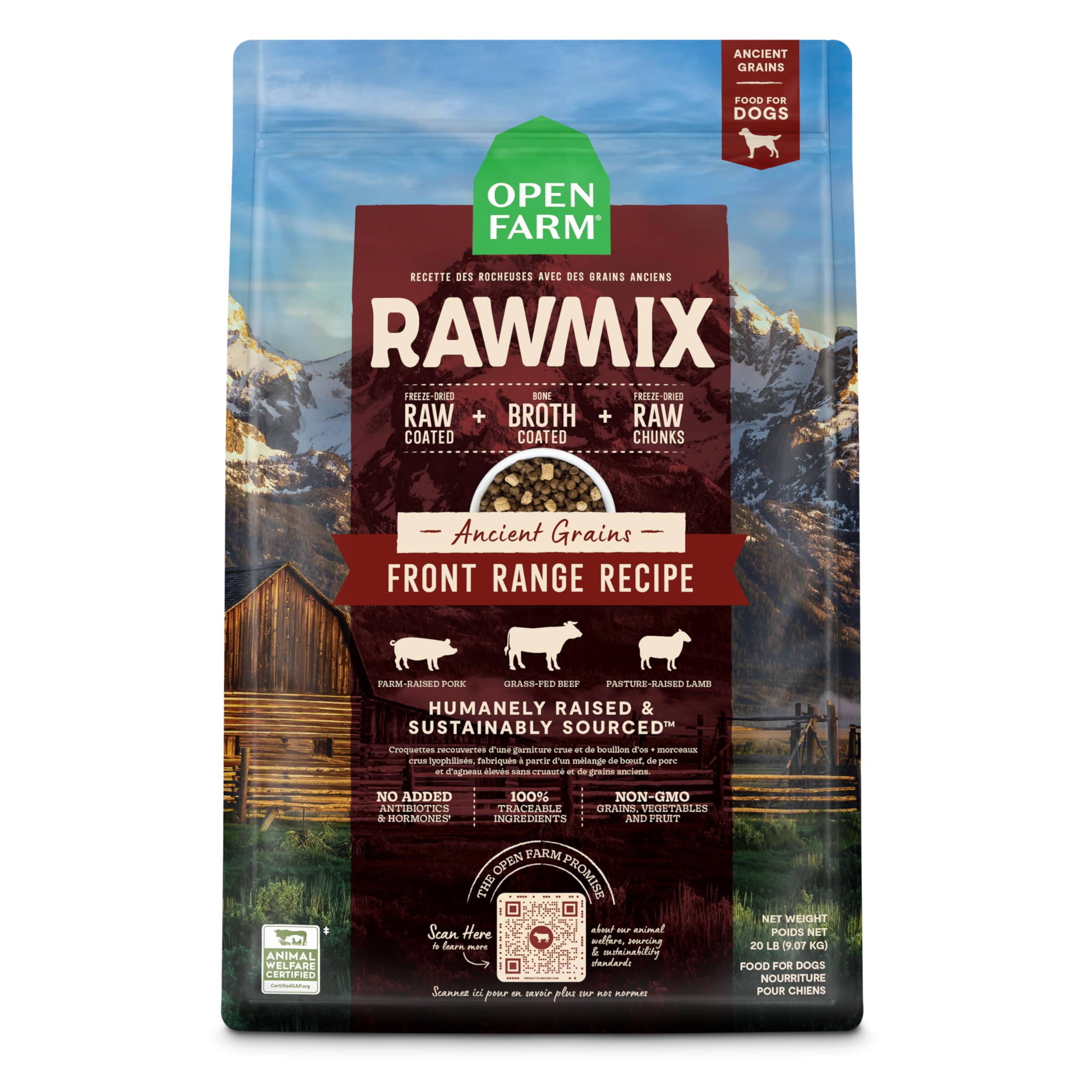 Open Farm RawMix-chien-seche-sac-20-lb montre l’emballage pratique pour repas équilibrés.