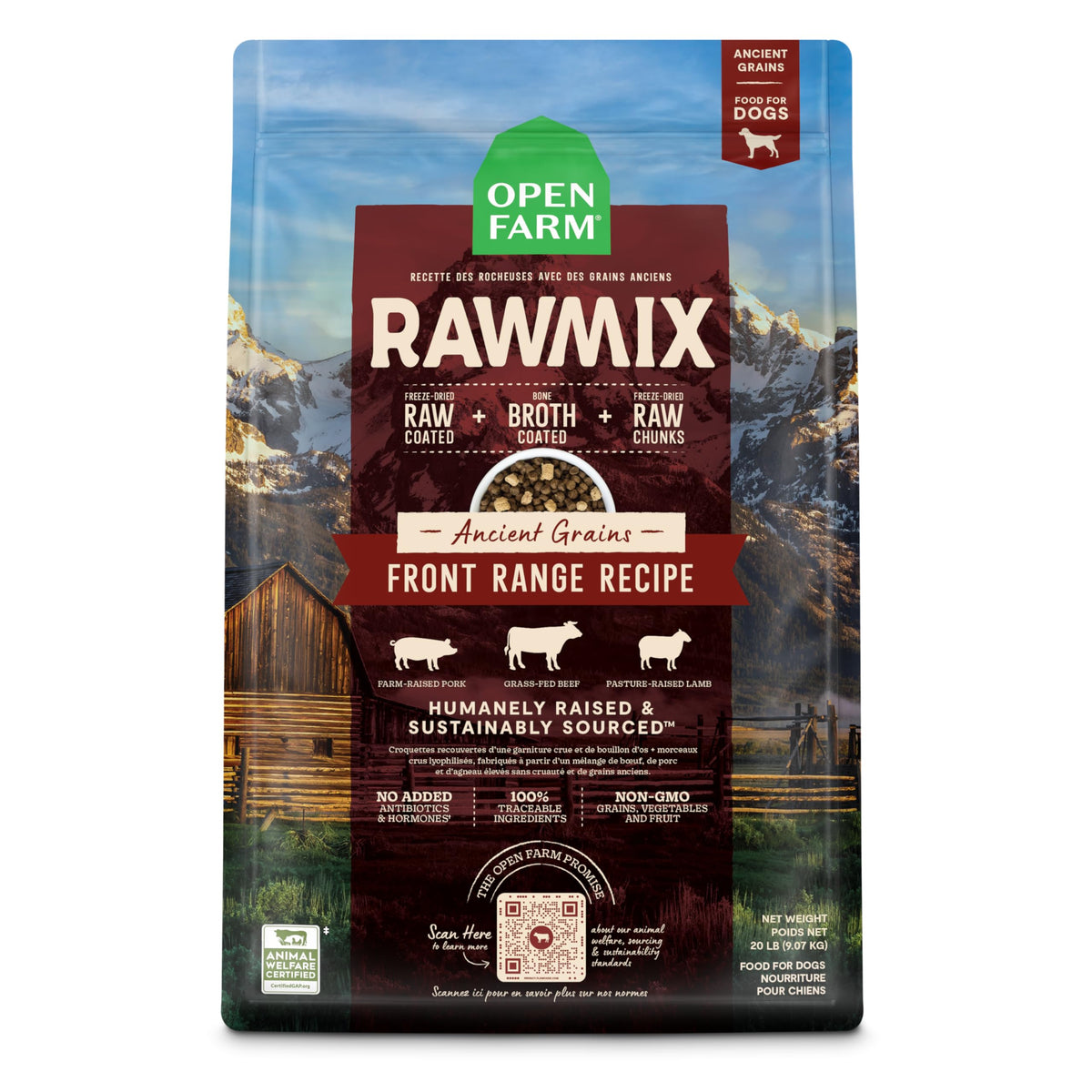 Open Farm RawMix-chien-seche-sac-20-lb montre l’emballage pratique pour repas équilibrés.