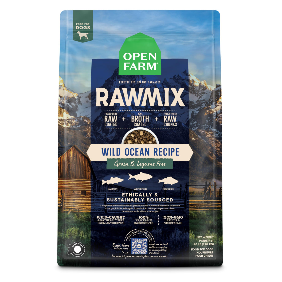 Open Farm RawMix croquettes chien sans céréales, alimentation protéinée naturelle.