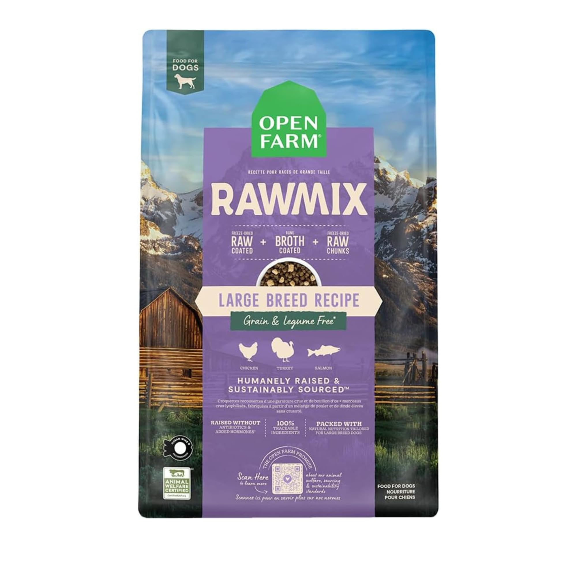 Open Farm RawMix croquettes gros chien, texture robuste et goût naturel.