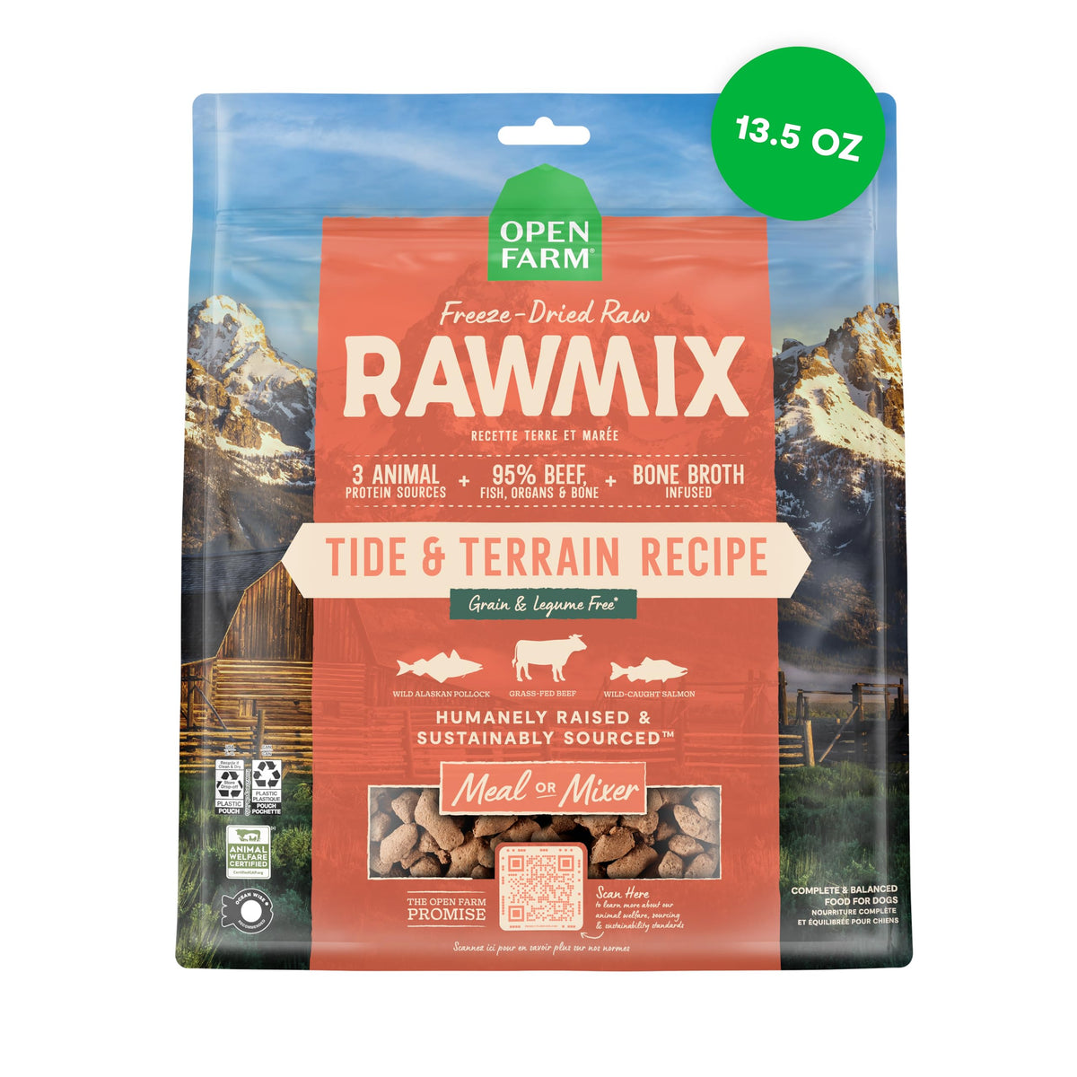 Open Farm RawMix: morceaux lyophilisés boeuf-saumon-pollock, riches en protéines.
