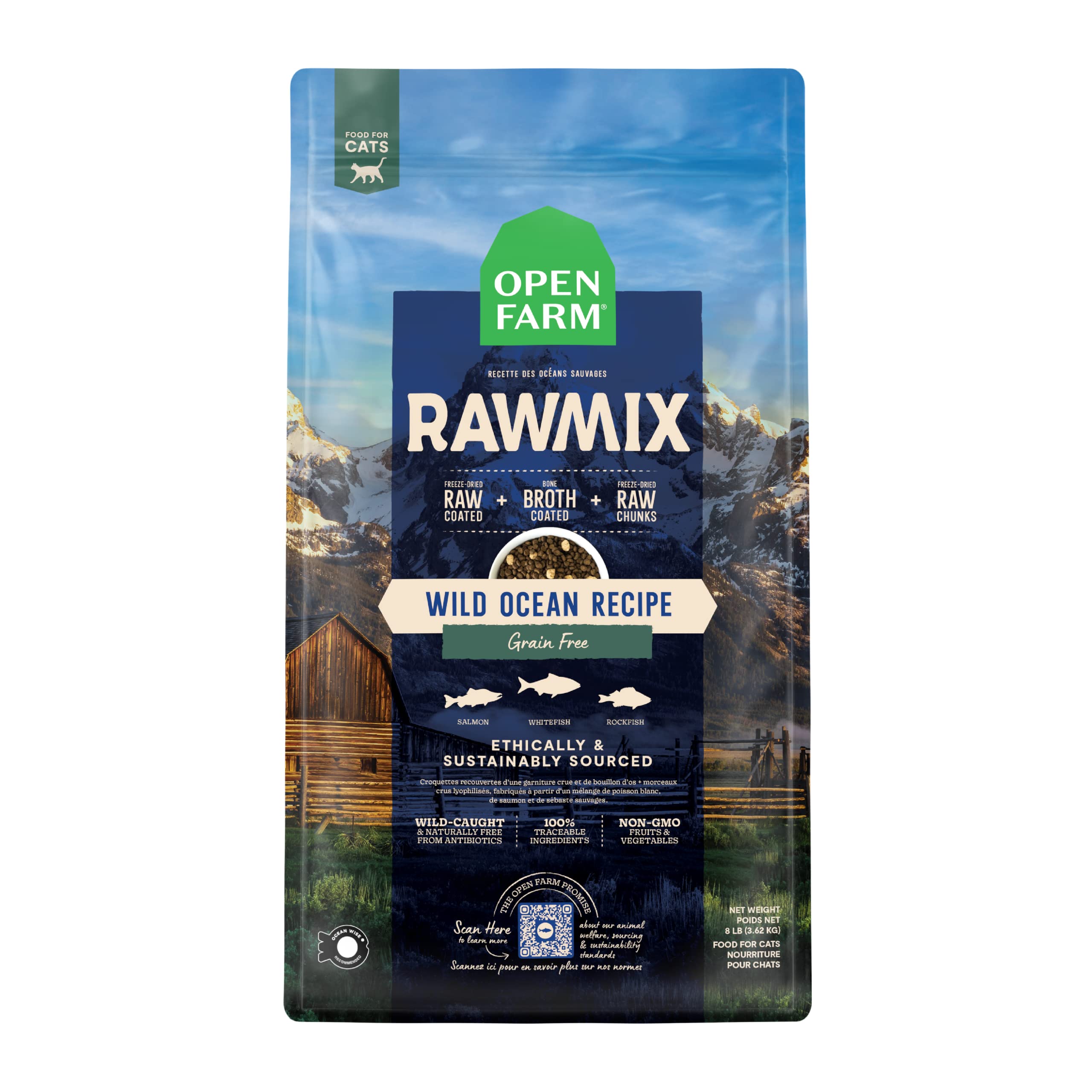 Open Farm RawMix Chat : morceaux lyophilisés pour varier les textures et protéines.