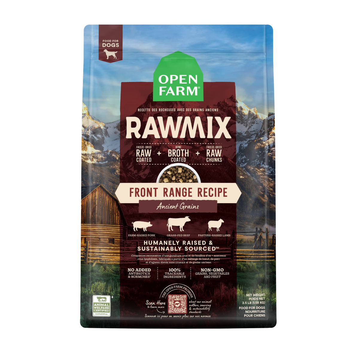 Open Farm RawMix sac croquettes Front Range pour chiens actifs.