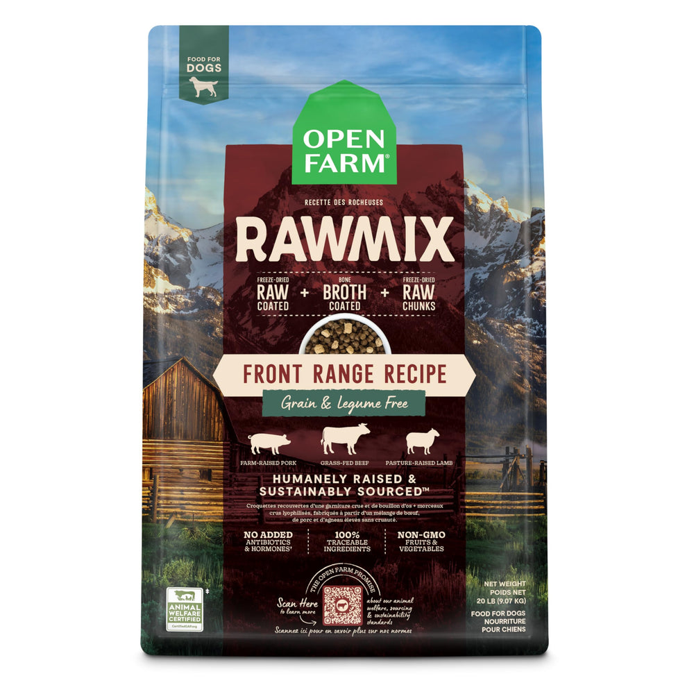 Open Farm RawMix sac Front Range : conditionnement pratique et traçabilité des ingrédients.