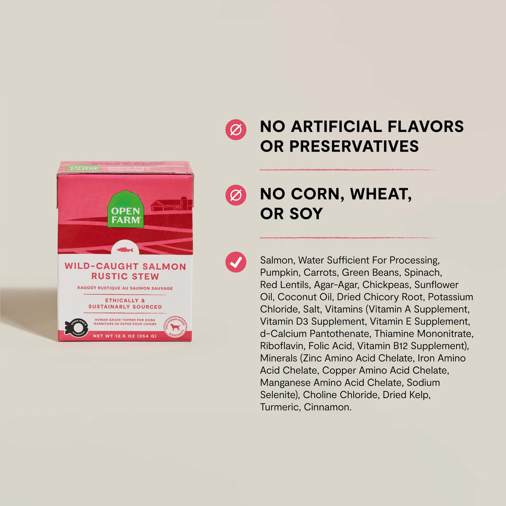 Open Farm Rustic Stews sans-additifs-artificiels: formulation exempte d'arômes et conservateurs.