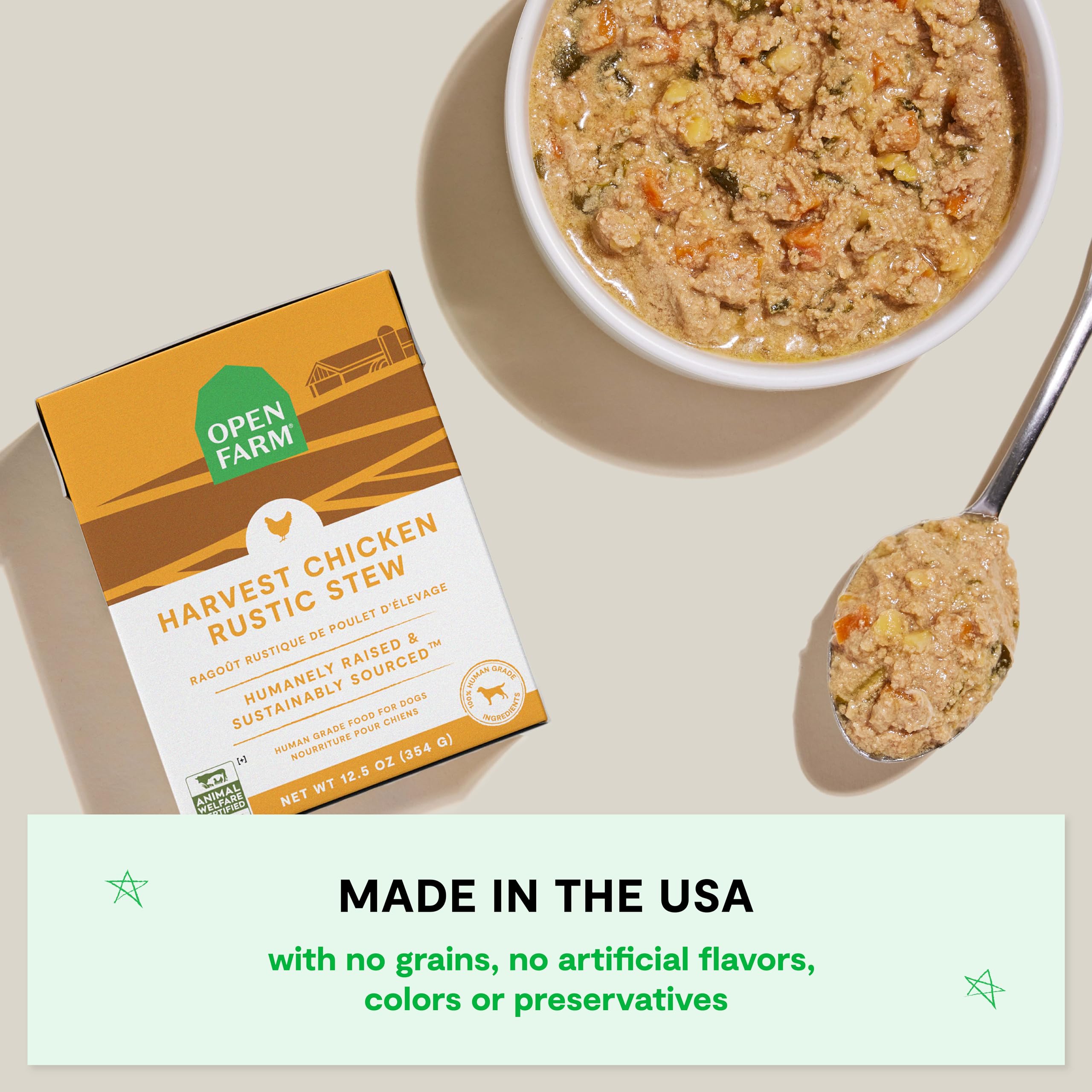 Open Farm Rustic Stews – texture mijotée et généreuse prête à servir.