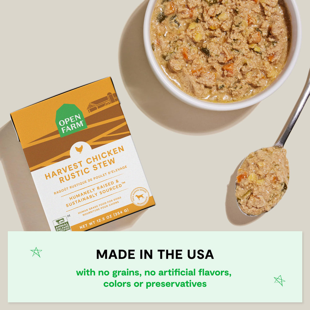 Open Farm Rustic Stews – texture mijotée et généreuse prête à servir.