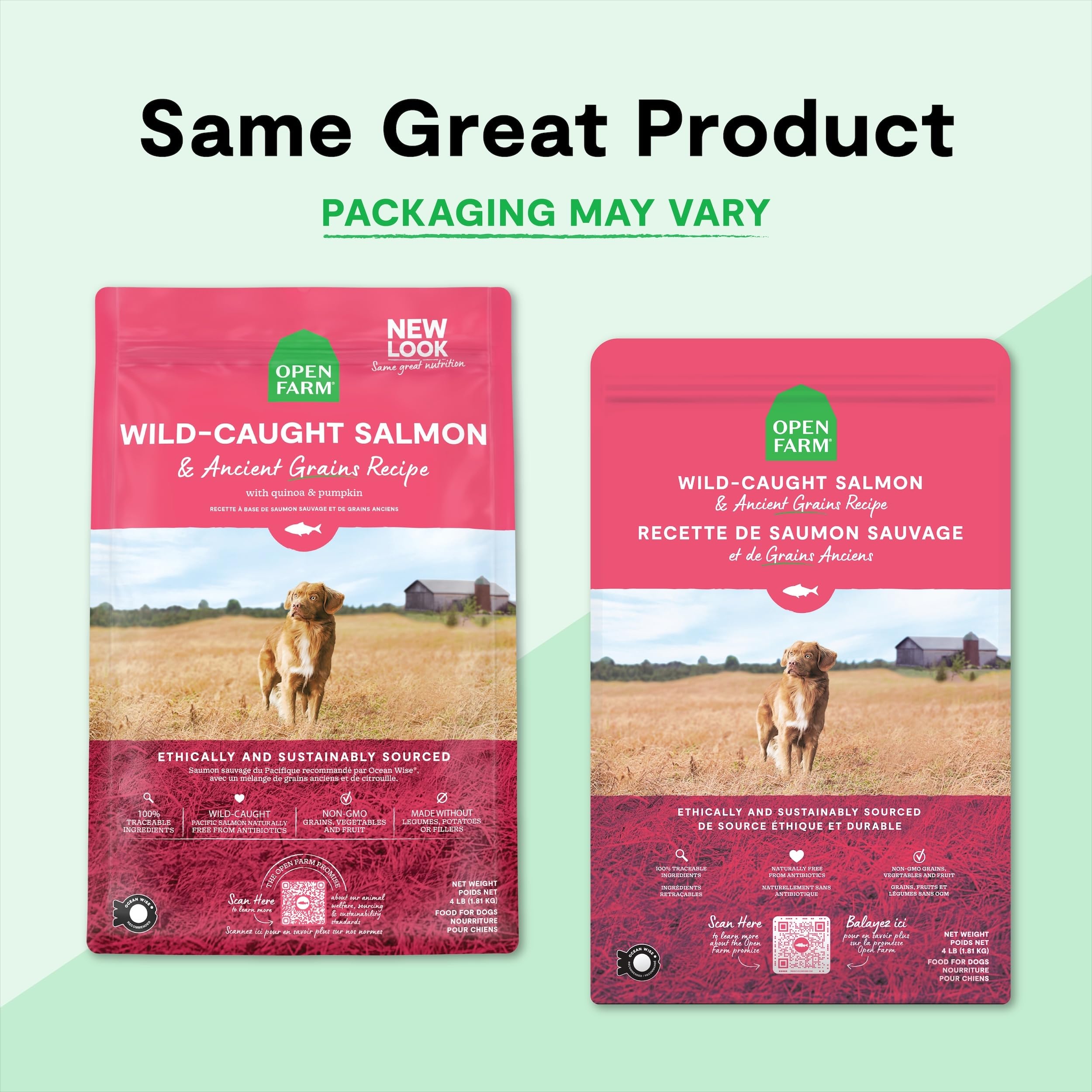 Open Farm sac pratique de 11 livres, stockage facile et repas équilibré pour chien.