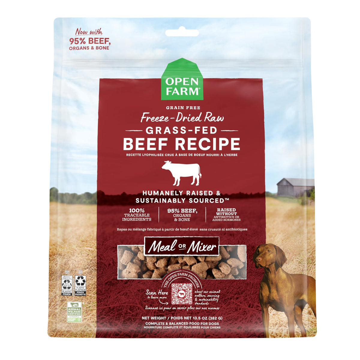 Open Farm sac d’aliments secs au bœuf 95% pour chien, pratique et savoureux.