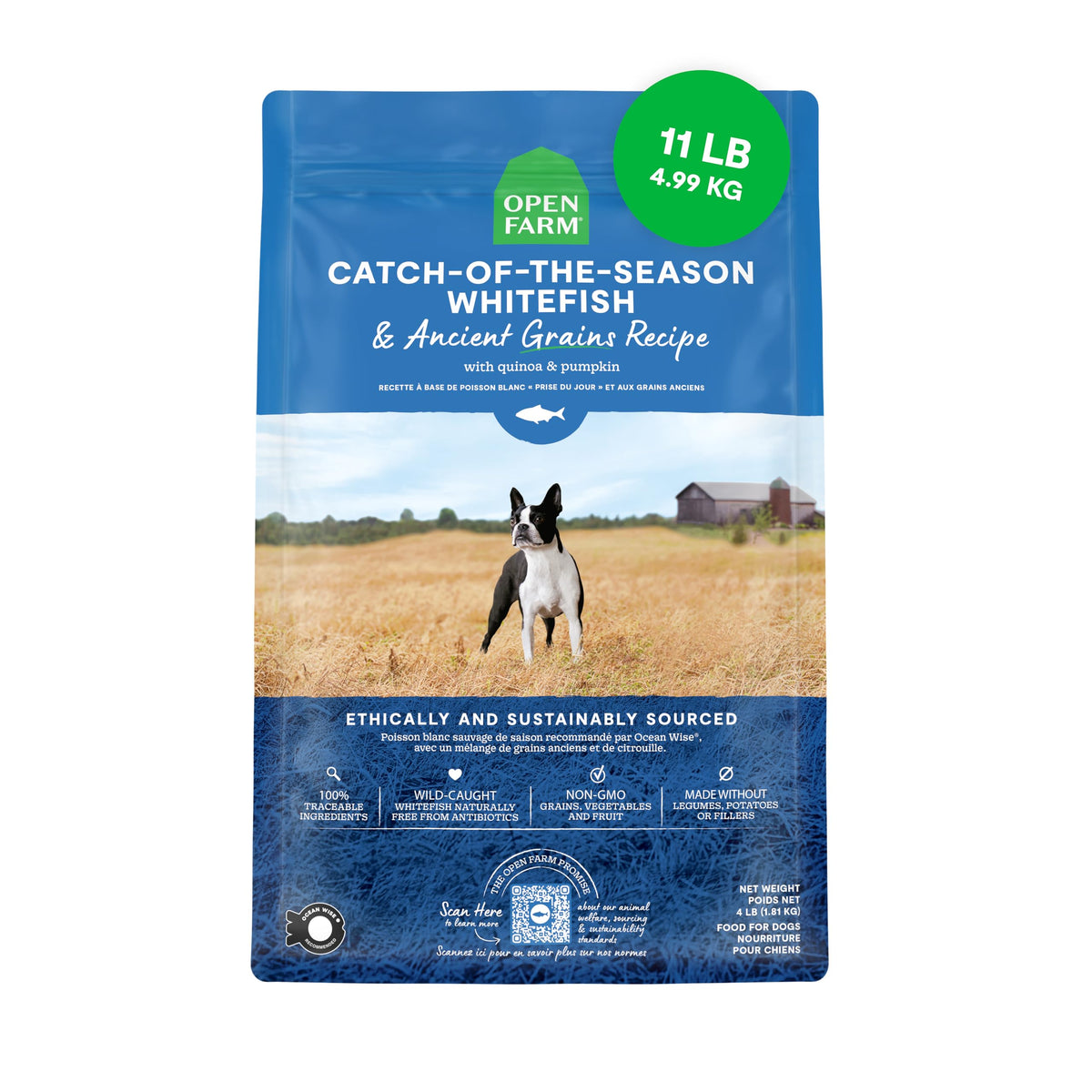 Open Farm sac-chien-anciens-grains-poisson-blanc: alimentation riche en protéines et digestion facilitée.