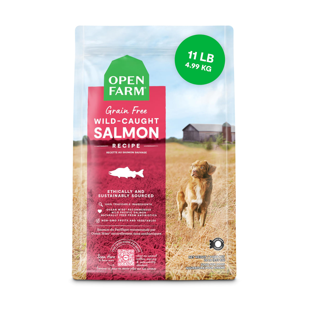 Open Farm: sac de croquettes saumon sans céréales, 11 lb, pratique et prêt à servir.