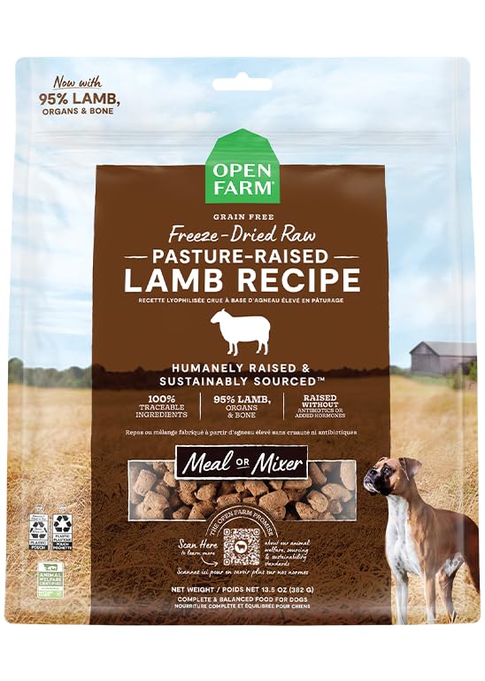 Open Farm: sachet agneau lyophilisé, repas pratique et savoureux.