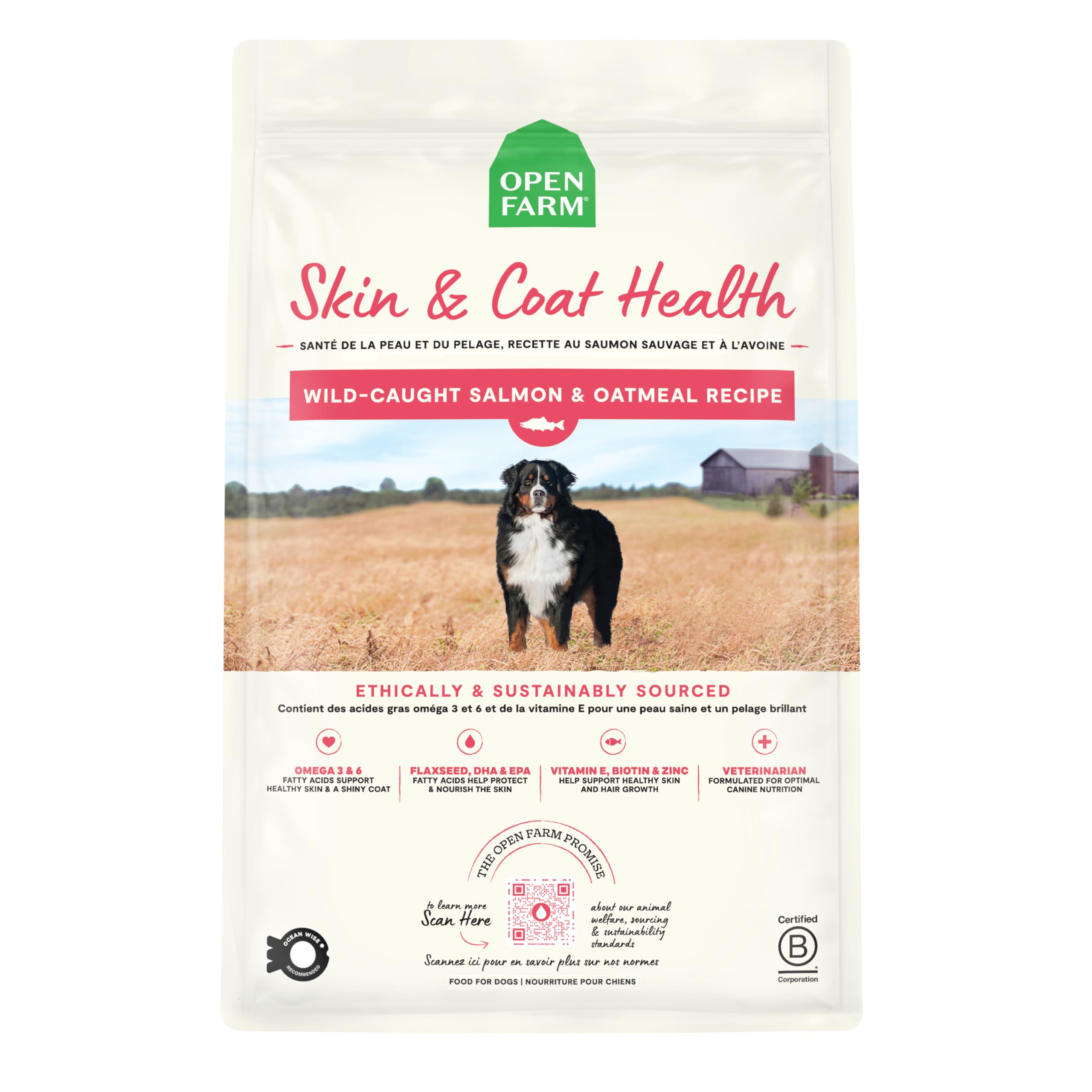 Open Farm saumon poil brillant: pelage éclatant grâce au saumon et vitamine E.
