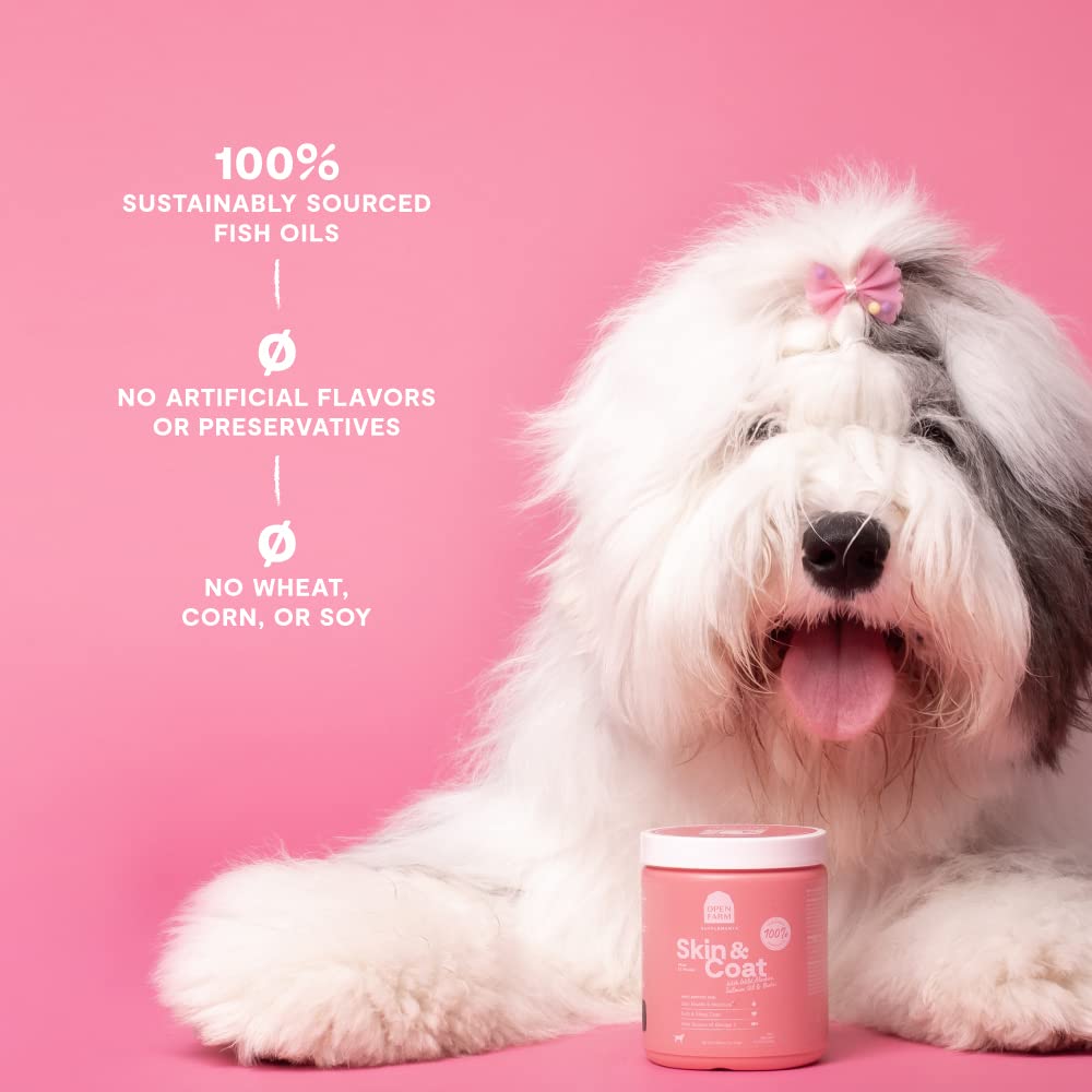 Open Farm chien dégustant le complément: pelage potentiellement plus doux