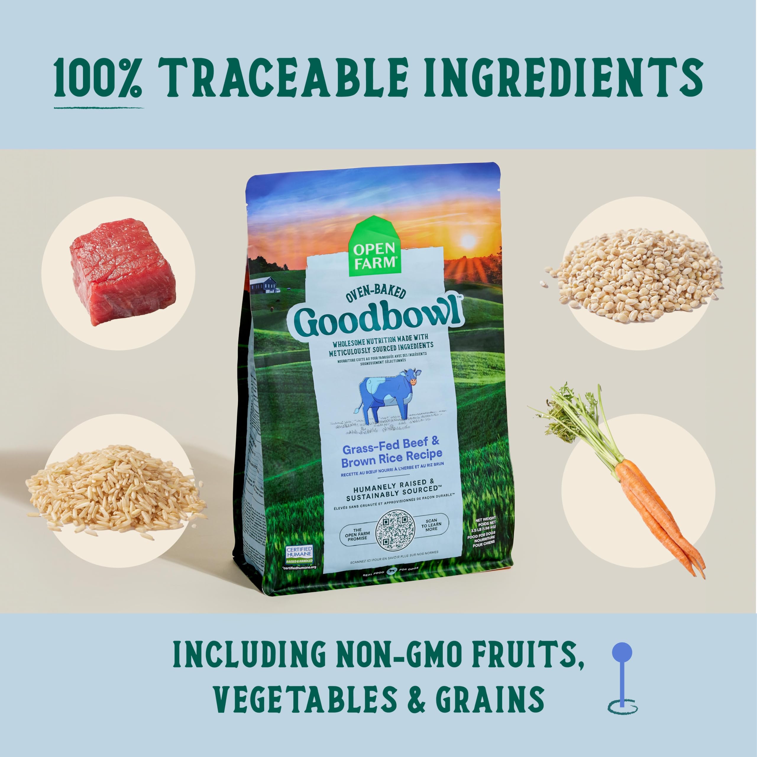 Open Farm Goodbowl chien heureux en repas dans l'assiette, alimentation équilibrée