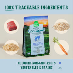 Open Farm Goodbowl chien heureux en repas dans l'assiette, alimentation équilibrée