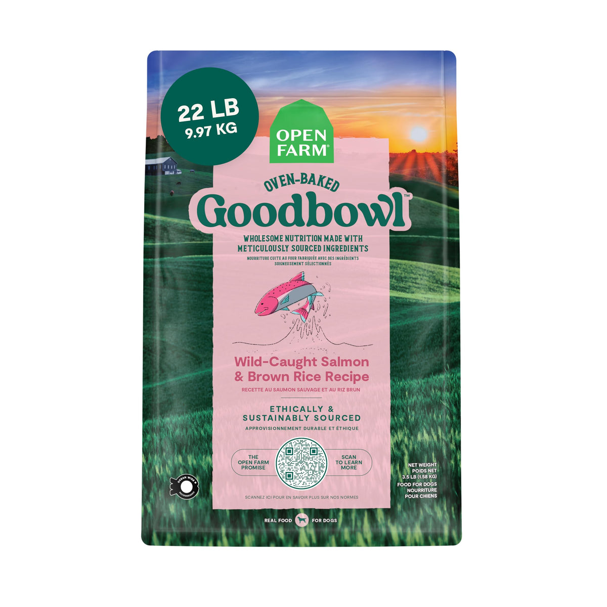 Open Farm Goodbowl saumon croquettes, repas appétissant et digestible pour chiens actifs.