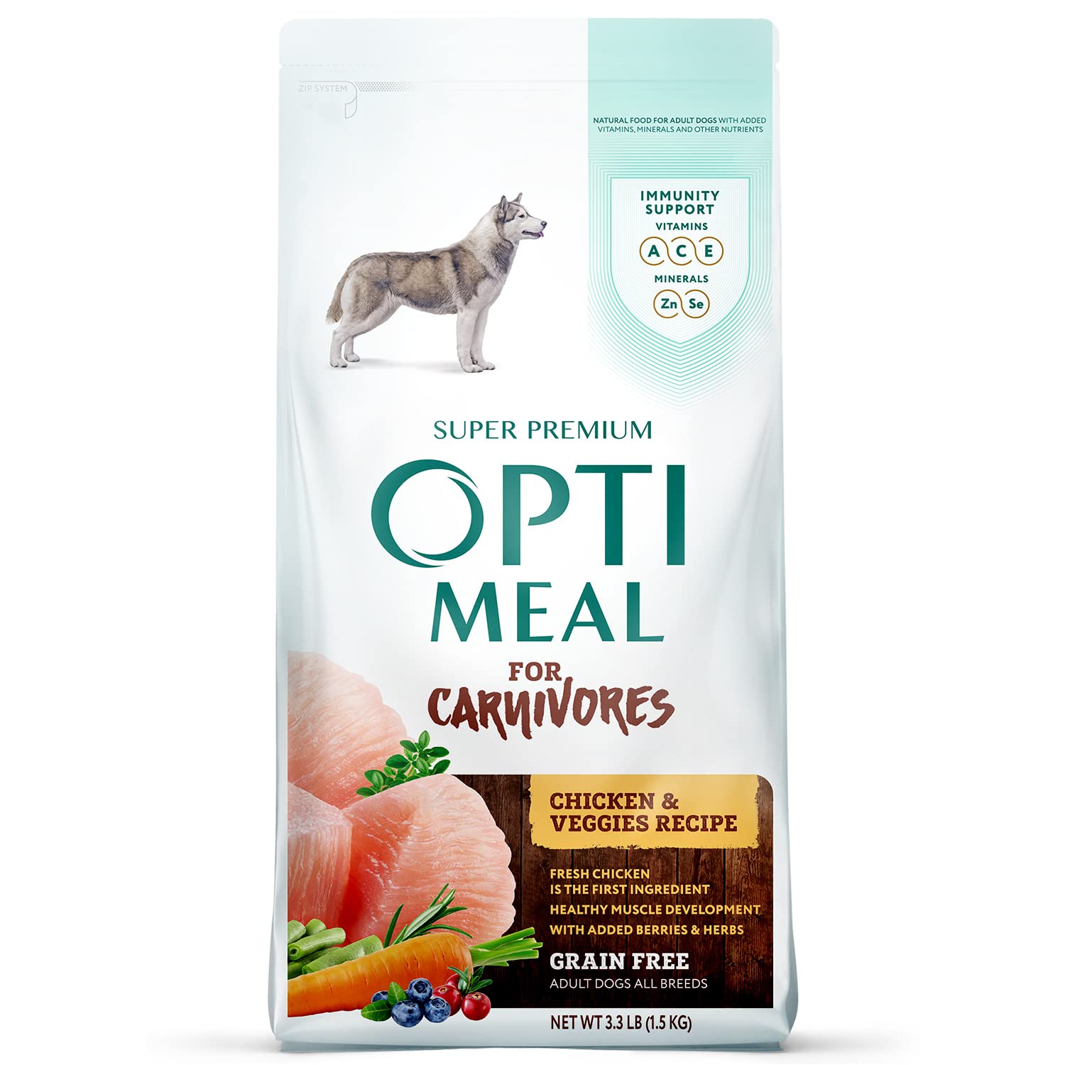 Optimeal: poulet premier ingrédient pour une digestibilité élevée.