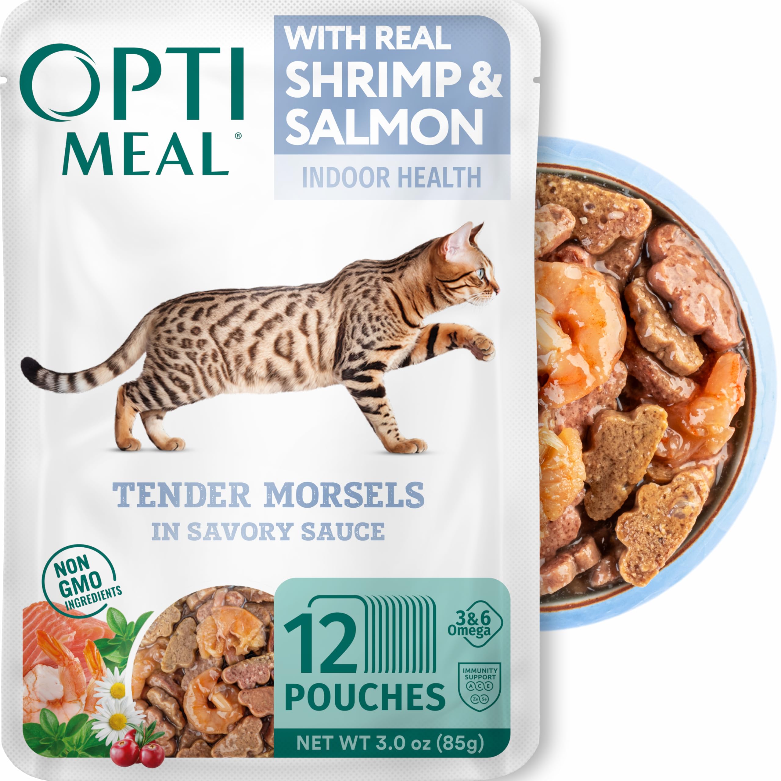 Optimeal sachet crevettes-saumon: morceaux tendres dans sauce savoureuse, riches en protéines pour chats.