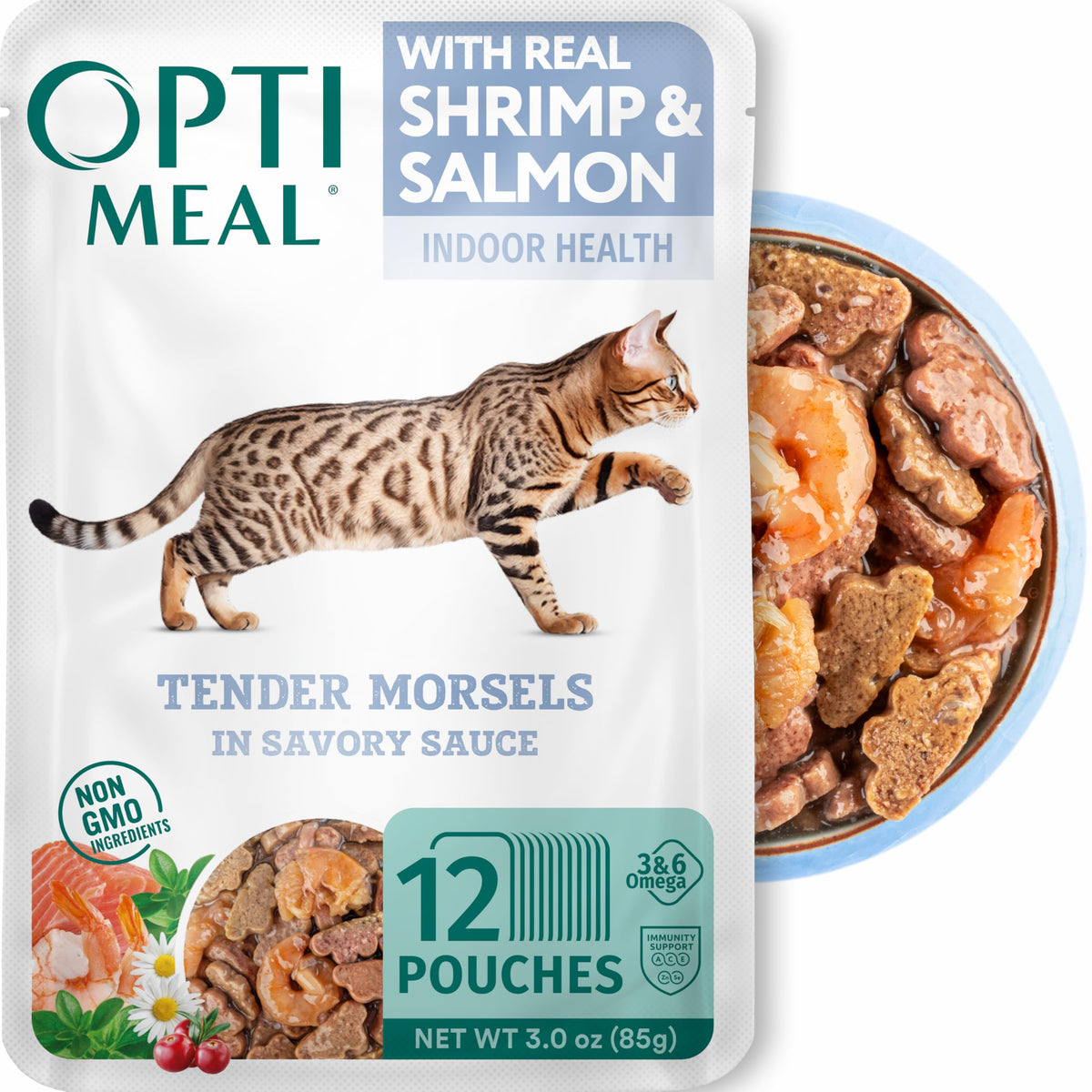 Optimeal sachet crevettes-saumon: morceaux tendres dans sauce savoureuse, riches en protéines pour chats.